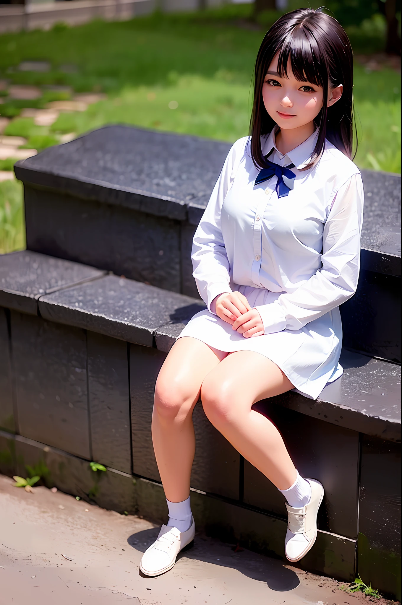 (((Beautiful and detailed depiction of just the right girl))), best quality, high resolution, (1girl), school uniform, white silk, a smile on the delicate face, fresh and natural environment, gentle light and shadow to create the atmosphere.