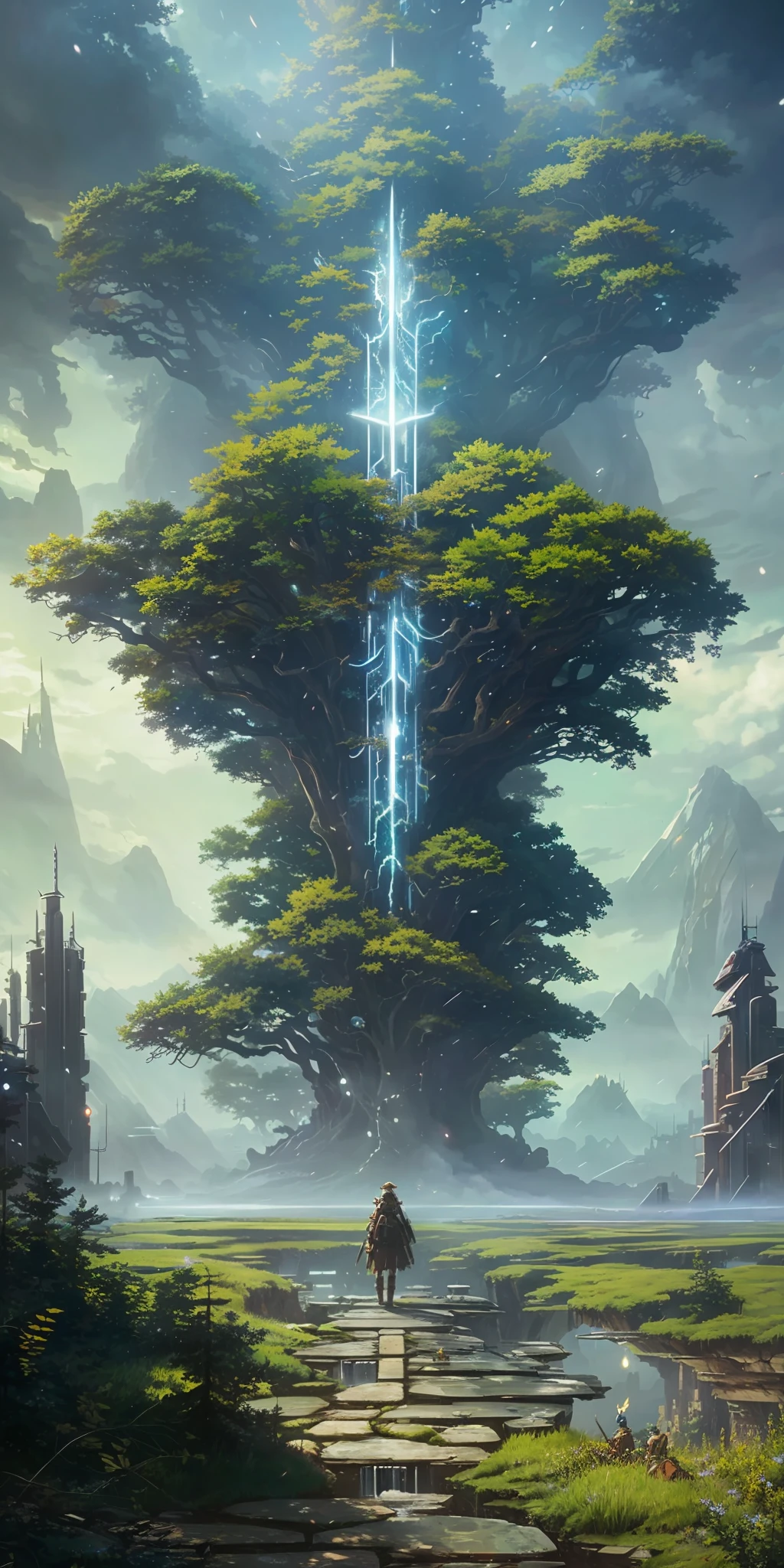 Illustration of a hyperrealistic , otherworldly, ultrasky scene featuring a giant crystal tree full body,very detailed and magical lighting, intricate forest details, vegetation and river around, solarpunk ,landscape, giant tree, beatifull leafy with beautiful lighting and realistic proportions, as if it were a cinematic background, 8k, highest quality, masterpiece, clouds and stars in the sky.Sky, Clouds, holding_weapon, no_humans, Glow, giant mechanical _ trees , city with tall trees _Architecture, “sky, cloud, glowing, big trees ,ghost in the shell, ghost machines, robot, cybernetic _trees, tree_mech, sci-fi, cityscape, realistic, mechanical” Science Fiction, Cities, Rendered in Octane, hyper realistic, 8k, epic composition, cinematic, octane render, artstation landscape vista photography by Carr Clifton & Galen Rowell, 16K resolution, Landscape veduta photo by Dustin Lefevre & tdraw, 8k resolution, detailed landscape painting by Ivan Shishkin, DeviantArt, Flickr, rendered in Enscape, Miyazaki, Nausicaa Ghibli, Breath of The Wild,,trending in artstation, cgsociety, 8k post-processing highly detailed,Junji Murakami, Mucha Klimt, Sharandula, Hiroshi Yoshida, Tom Bagshaw, Ross Tran, Artgerm,Craig Mullins,dramatic,Junji Murakami, moody lighting rendered by octane engine,characters 8K symmetrical arstation, cape,cinematic lighting, intricate details, 8k detail post processing, hyperealistic, octane rend, Zdzisław Beksiński style, ar 2:3 Reality Reality –auto –v6 –s2 --auto --s2