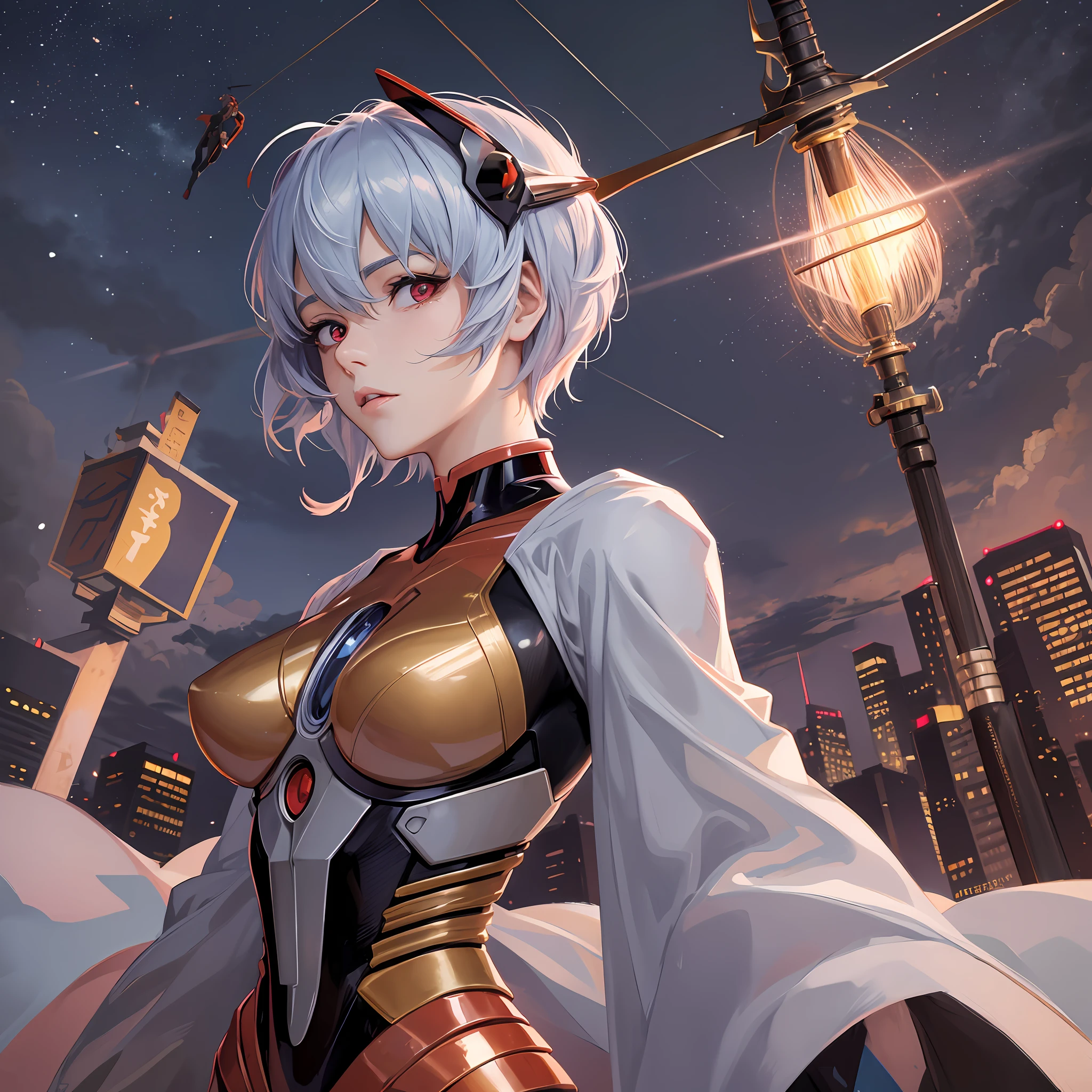 Masterpiece, Best Quality, Best Quality, Evangelion, Rei, Rei Ayanami's Face, Iron Woman Suit, Japanese Clothes, Kimono, Slender, Plug Suit, Japan Sword, Tachi, Obi Sword, Five Fingers --auto --s2