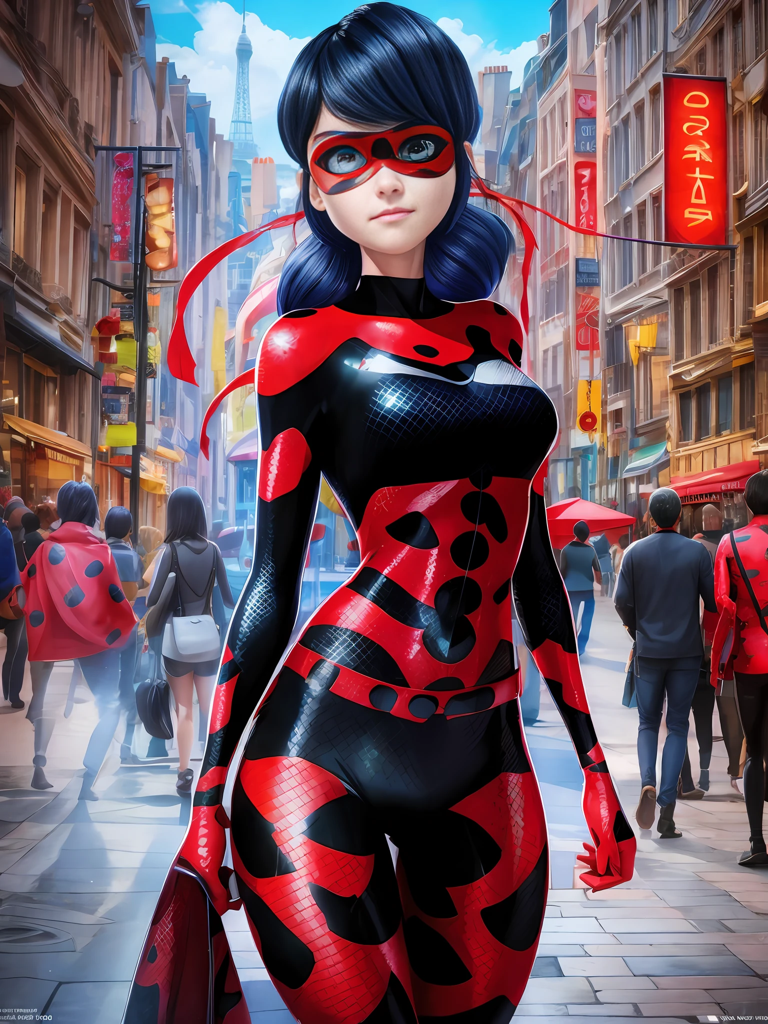 a full body photo, Alexandra Daddario, , like Ladybug from Miraculous, city of Paris, style of (Steve McCurry), Nikon Z FX device, EF 70mm lens, cinematic lighting, long exposure style, long shot type, vibrant color scene, realistic photo, intricate, beautiful face, ultra detailed face, perfect body, whole body, perfect, realistic,  highly detailed, Art Station, trend, realistic face, realistic skin, detailed eyes, great art, ultra realistic render n-9, 4K, 8K, 16K, 20K, HDR, UHD, 64K, Perfect Luminance, hyper realistic, symmetrical face, Bokeh, High-resolution scanning, professional photography