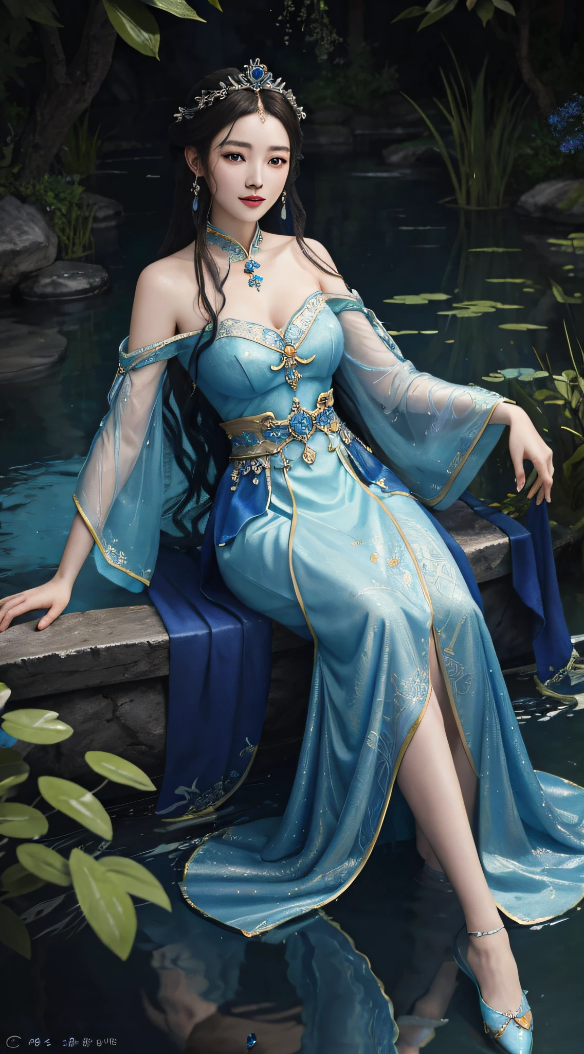 painting of a woman in a blue dress in a pond of water, beautiful character painting, ((a beautiful fantasy empress)), in the art style of bowater, closeup fantasy with water magic, artwork in the style of guweiz, inspired by Chen Yifei, ethereal beauty, a beautiful fantasy empress, inspired by Zhang Yan, palace ， a girl in hanfu