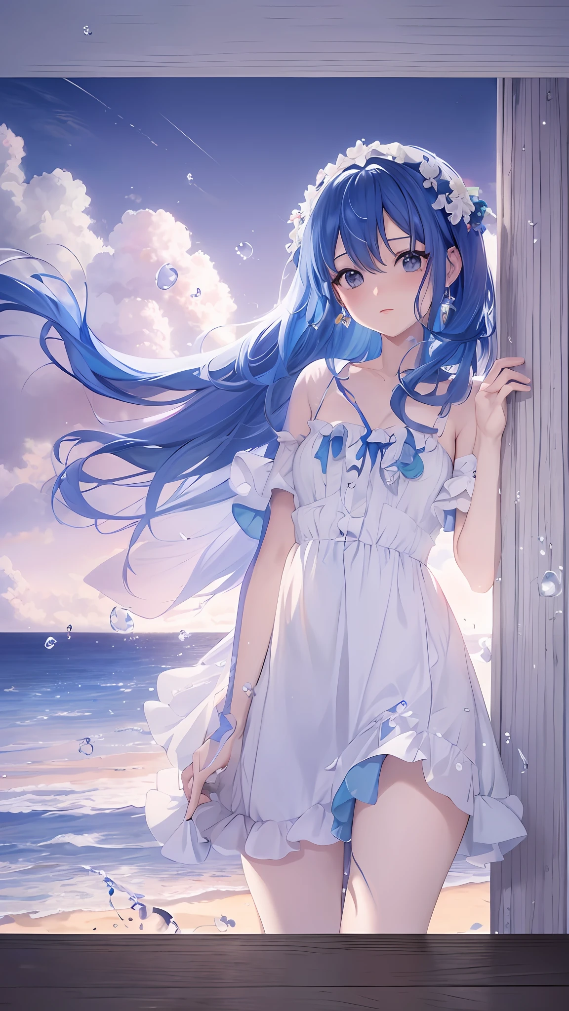 anime girl with blue hair standing on a beach near the ocean, wallpaper anime blue water, in dress, anime style 4 k, anime art wallpaper 8 k, anime art wallpaper 4k, anime art wallpaper 4 k, 4k anime wallpaper, beautiful anime artwork, beautiful anime, beautiful anime girl, beautiful anime art, cute anime waifu in a nice dress