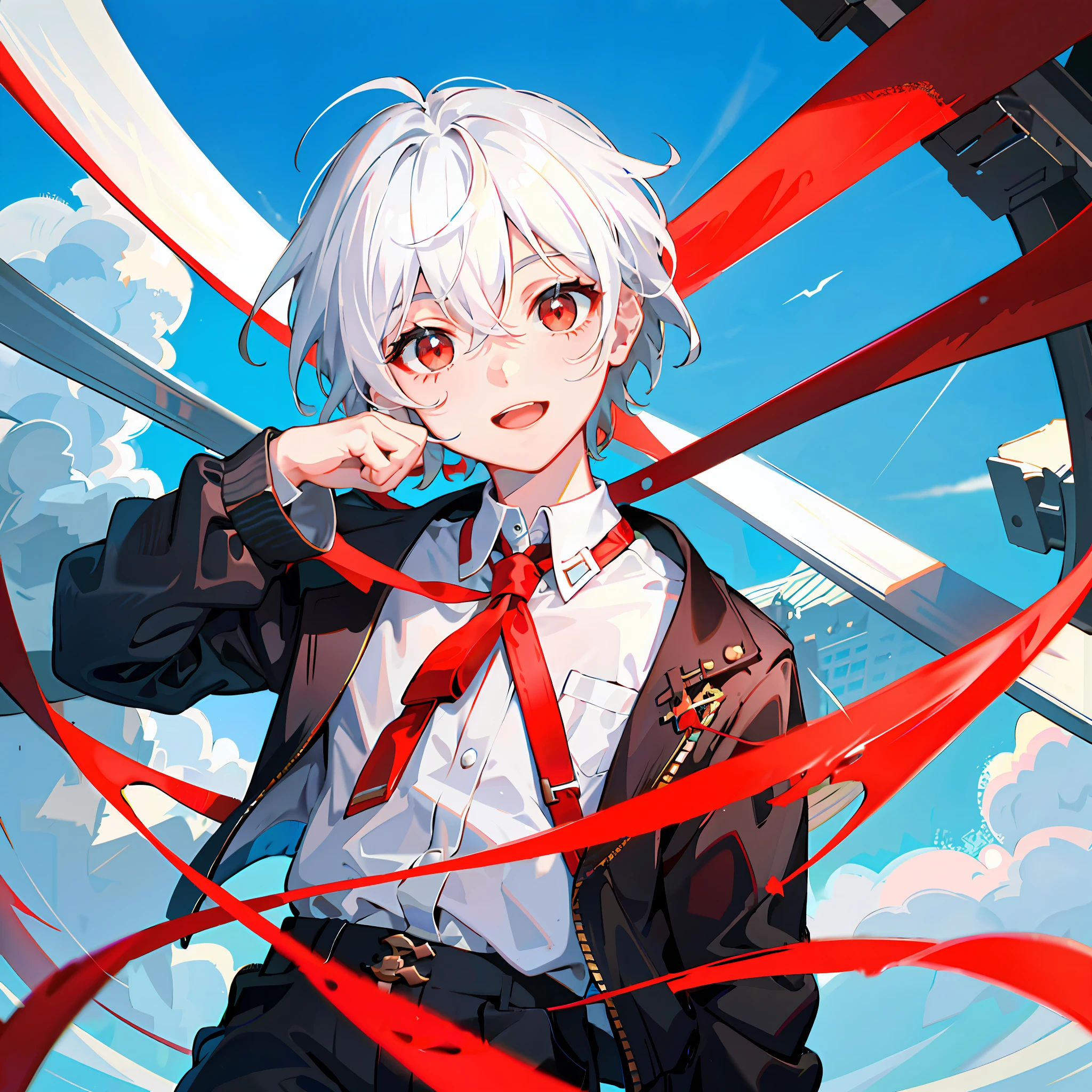 (high-quality, breathtaking),(expressive eyes, perfect face), short, young boy, short white hair, red eyes, smiling, black school uniform, wear shorts, urban setting, sunshine, blue sky, shine, glow.