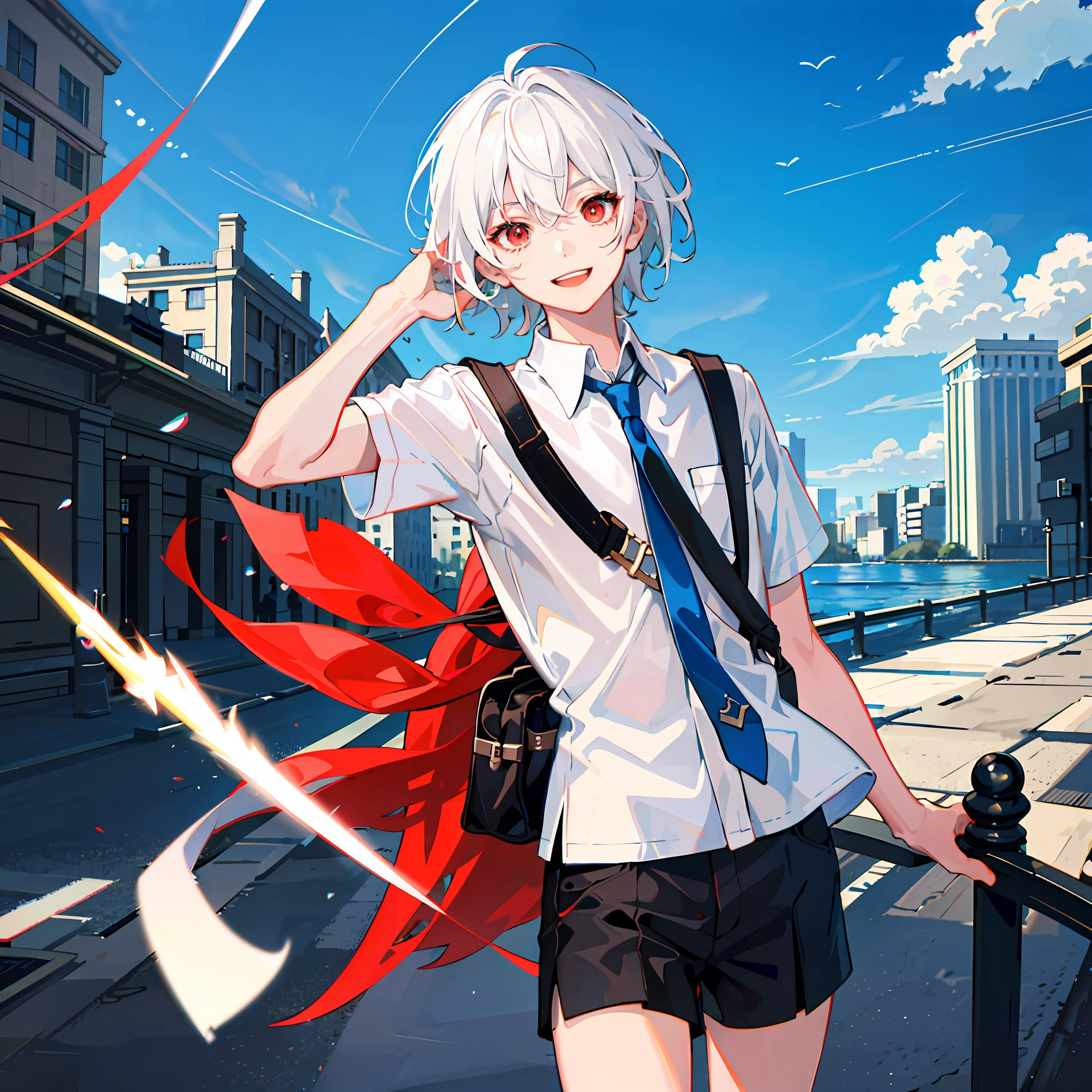 (high-quality, breathtaking),(expressive eyes, perfect face), short, young boy, short white hair, red eyes, smiling, black school uniform, wear shorts, urban setting, sunshine, blue sky, shine, glow.