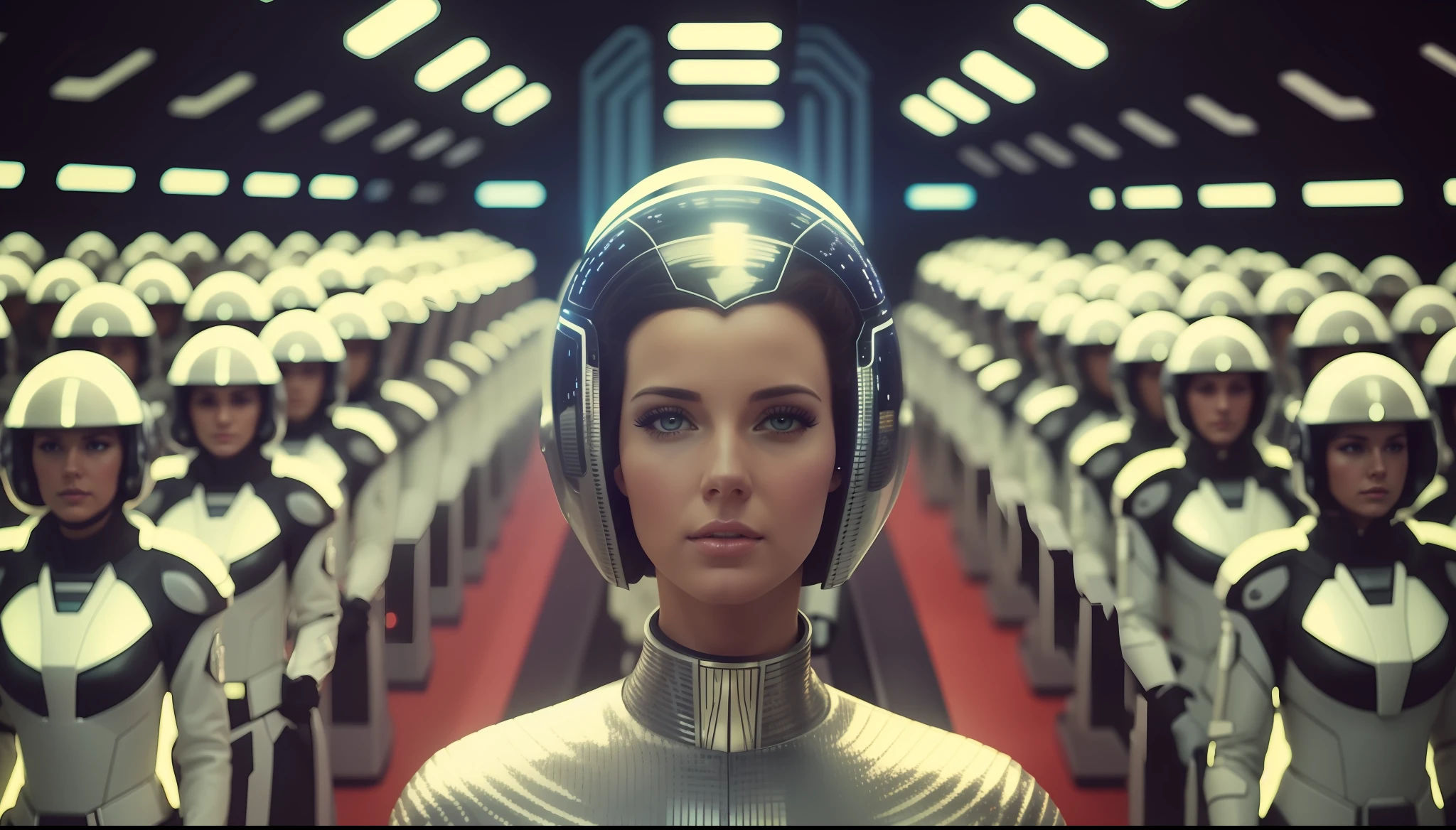 a woman (Katie Lansdale) in a futuristic space suit surrounded by other women, poster art by Jan Tengnagel, cgsociety, retrofuturism, reimagined by industrial light and magic, 1970s, dystopian art