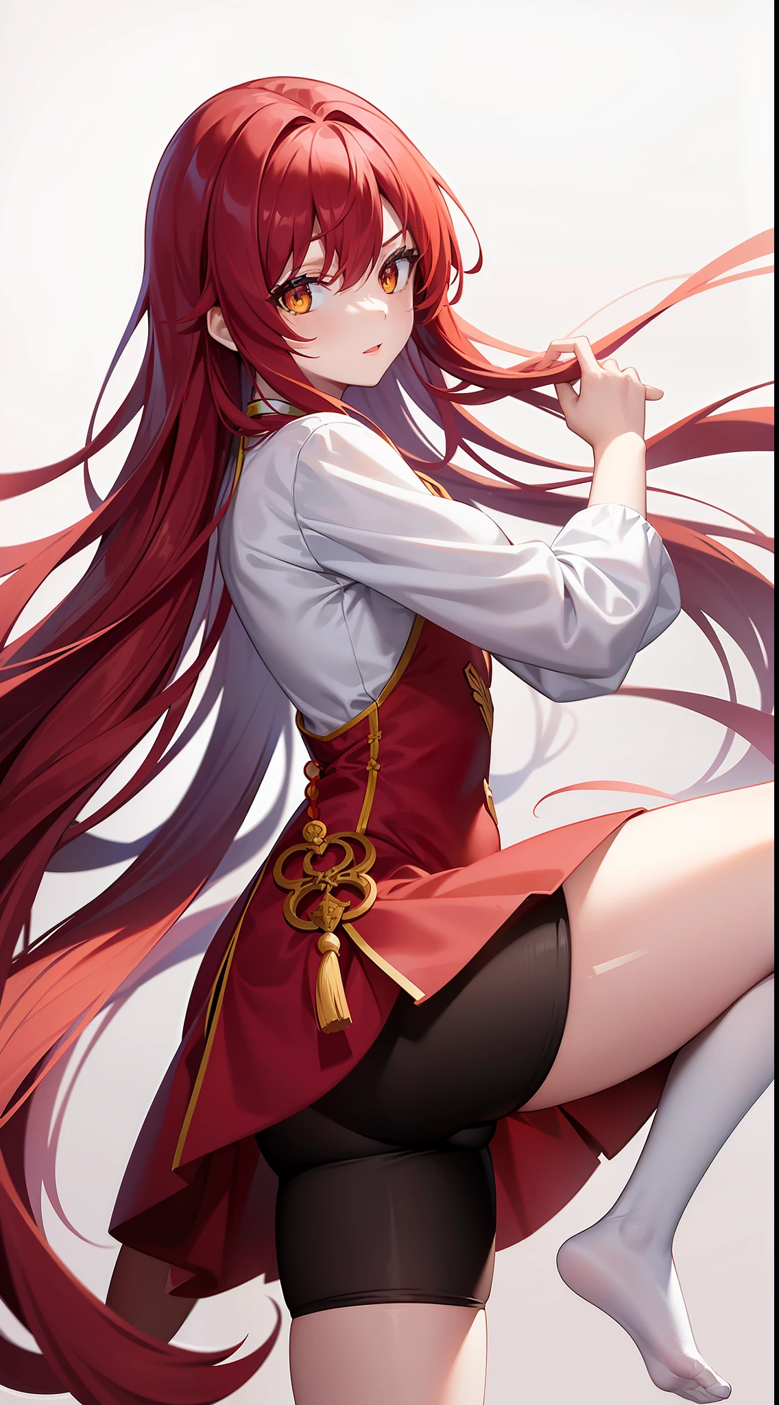 Young girl, long red hair, yellow eyes, white and red Chinese dress, tight dress, tight sleeves, tights, shorts, Chinese sword, masterpiece, high quality