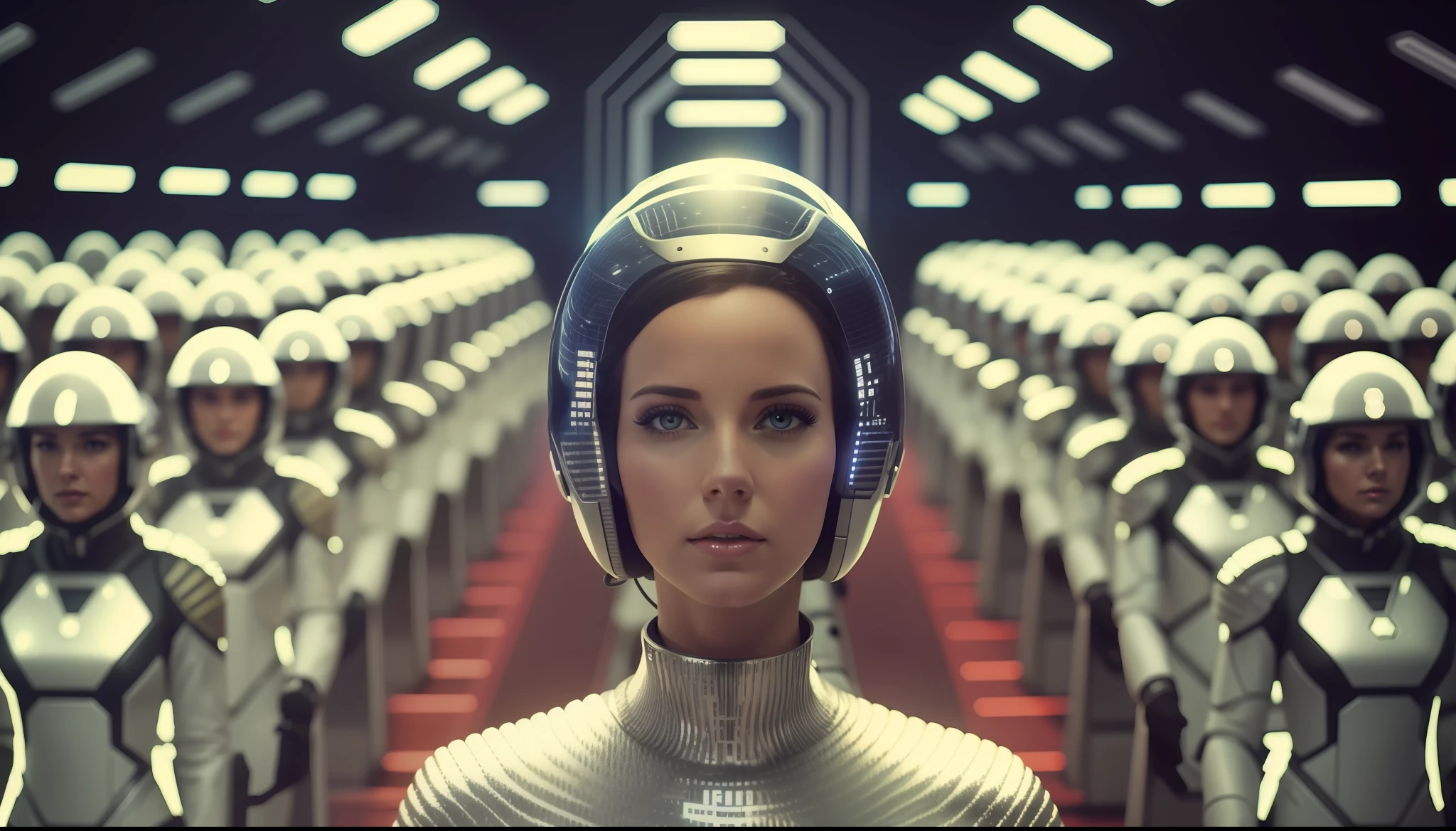 a woman (Katie Lansdale) in a futuristic space suit surrounded by other women, poster art by Jan Tengnagel, cgsociety, retrofuturism, reimagined by industrial light and magic, 1970s, dystopian art