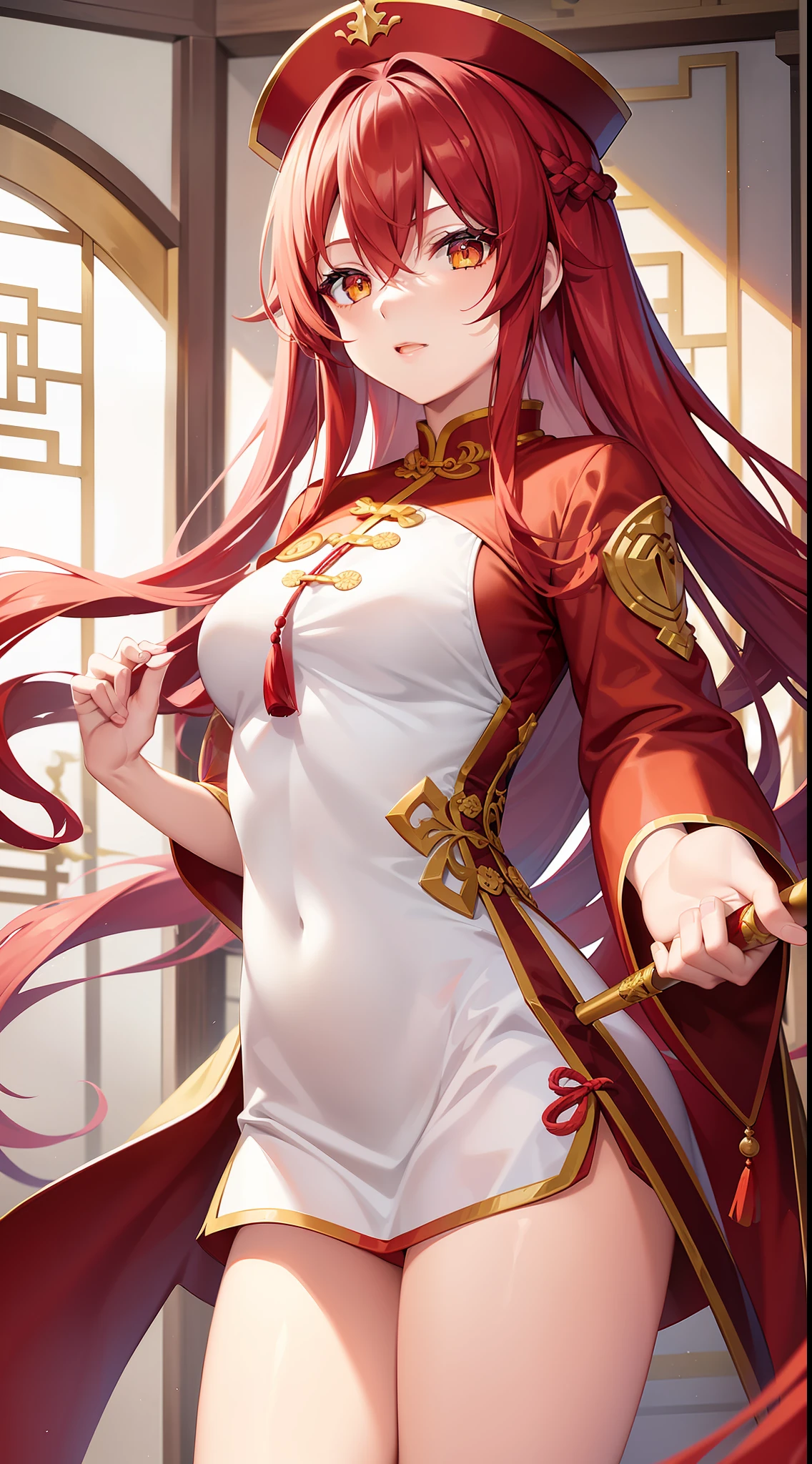 Young girl, long red hair, yellow eyes, white and red Chinese dress, tight dress, tight sleeves, tights, shorts, Chinese sword, masterpiece, high quality