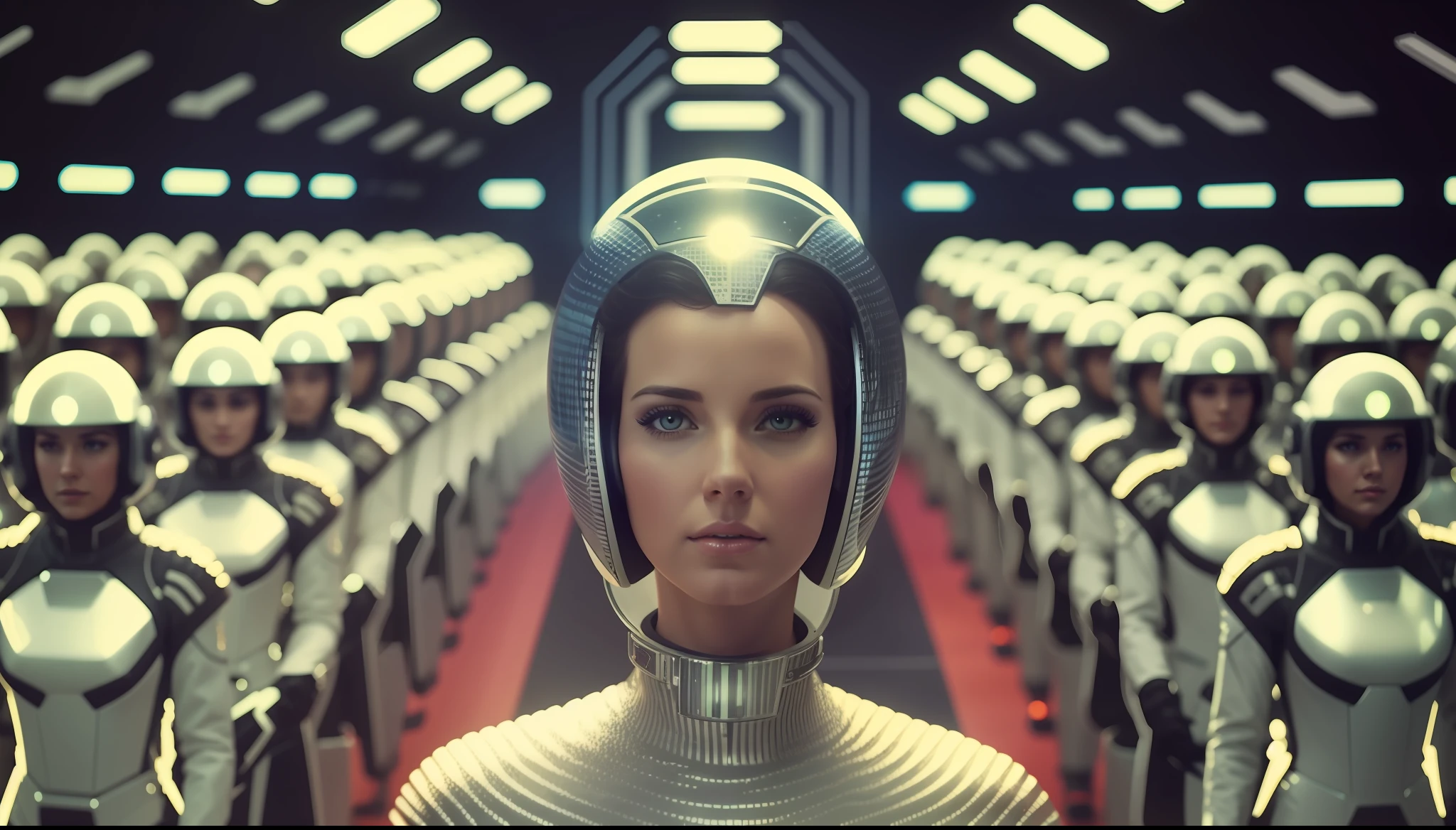 a woman (Katie Lansdale) in a futuristic space suit surrounded by other women, poster art by Jan Tengnagel, cgsociety, retrofuturism, reimagined by industrial light and magic, 1970s, dystopian art