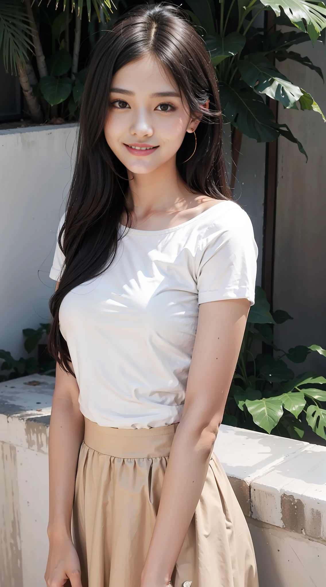 The smiling beauty has long, over-the-shoulder hair, a loose white short-sleeved T-shirt on the upper body, and a beige loose long skirt on the bottom