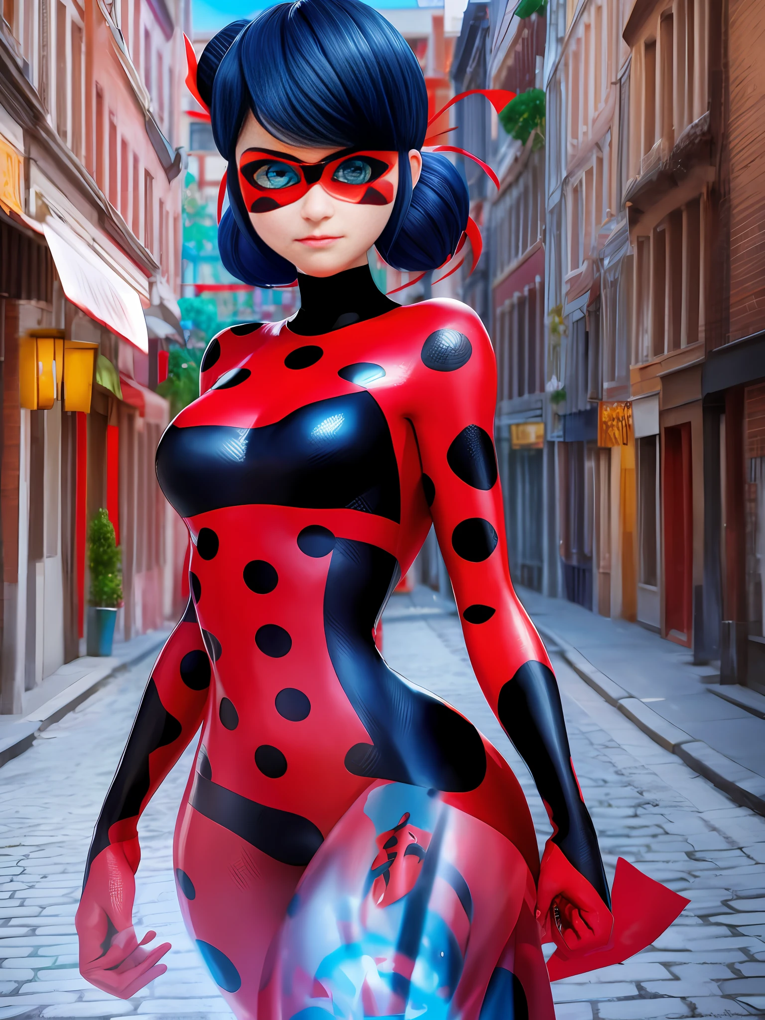 a full body photo, Alexandra Daddario as Ladybug from Miraculous, blue hair, maria chiquinha hairstyle, fringe aside, style of (Steve McCurry), Nikon Z FX device, EF 70mm lens, cinematic lighting, long exposure style, long shot type, vibrant color scene, realistic photo, intricate, beautiful face, ultra detailed face, perfect body, whole body, perfect, perfect,  realistic, highly detailed, Art Station, trend, realistic face, realistic skin, detailed eyes, great art, ultra realistic render n-9, 4K, 8K, 16K, 20K, HDR, UHD, 64K, Perfect Luminance, hyper realistic, symmetrical face, Bokeh, High-resolution scanning, professional photography