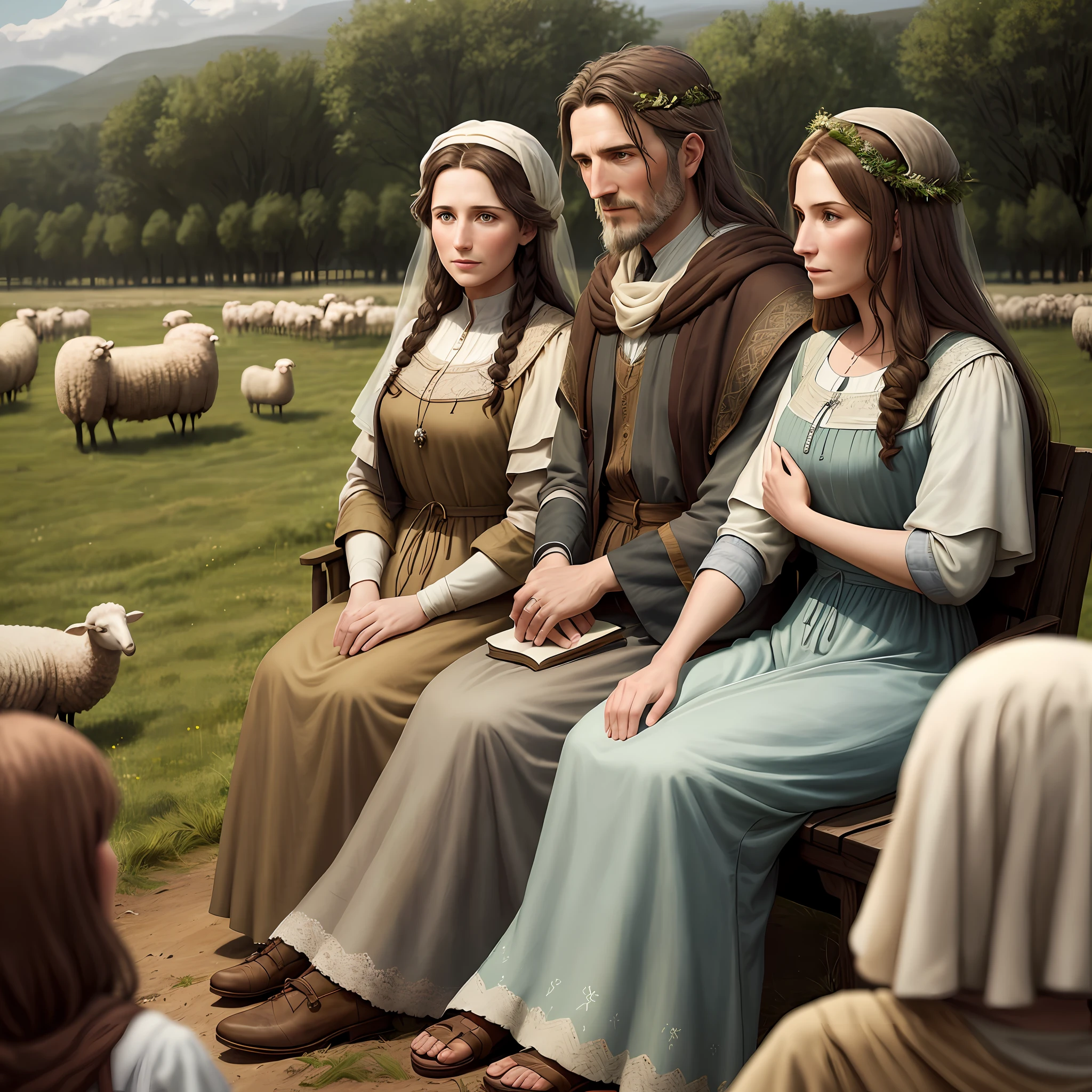 welcoming scene of Jacob at the age of 40 and his wives, Rachel and Leah, sitting in a field, surrounded by flocks of sheep, as they discuss the plan to return to their homeland in Biblical clothing, features, and stagecraft, with detailed faces.