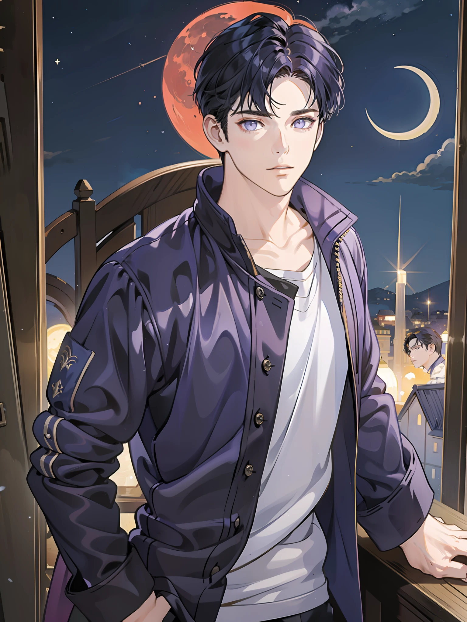 (masterpiece), (best quality), ultra high res, professional artwork, ultra detailed, intricate, detailed face, perfect lighting, 1 boy, dark blue hair, (purple eyes), casual clothes, high collar, jacket, collarbone, head, night, night sky, crescent moon, red moon, outdoors, (cowboy shot, far shot), curtain bangs, dark blue hair, short hair