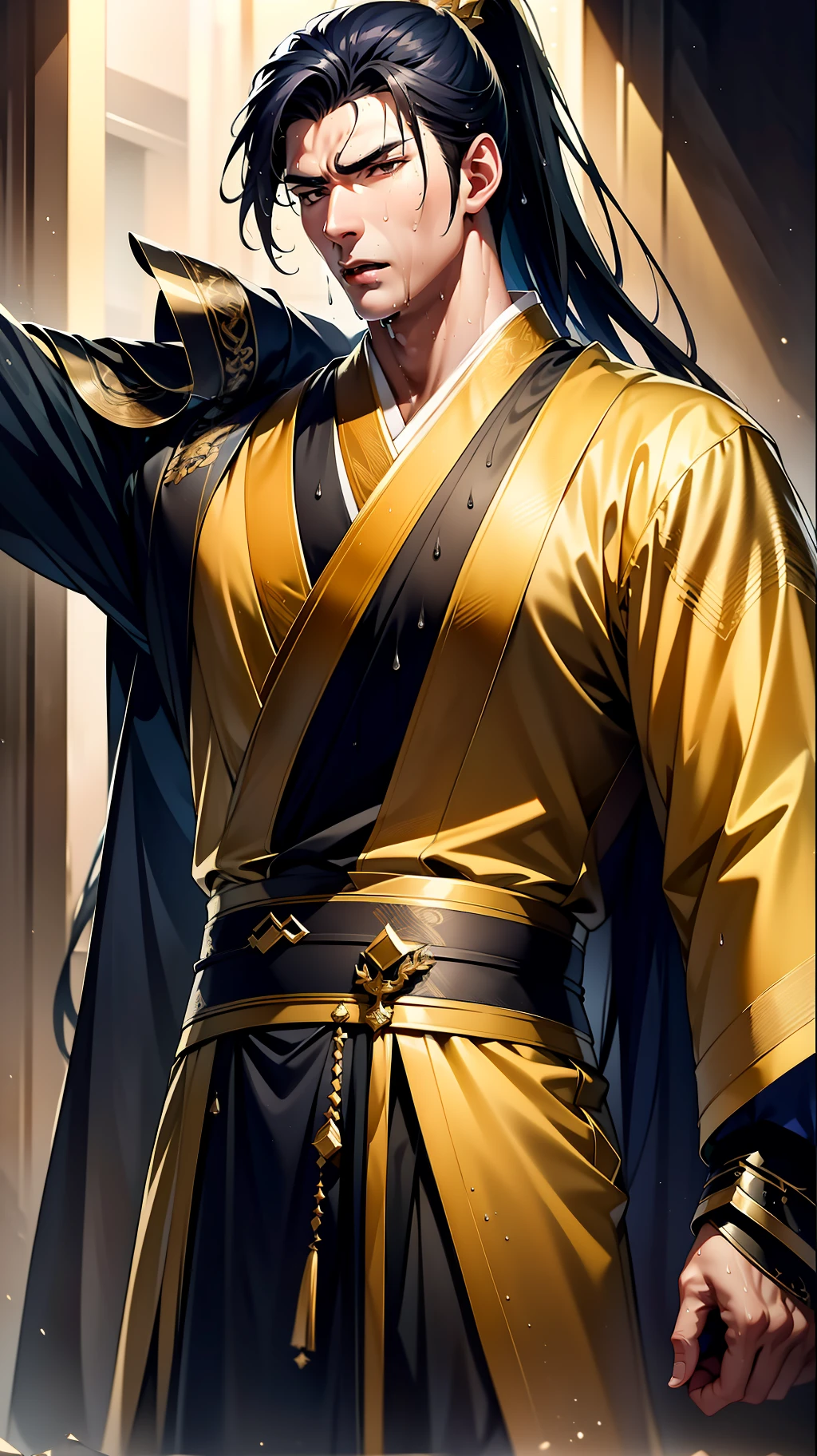 Two-dimensional, anime style, man (male warrior), muscle, correct proportions, face details, martial arts, high ponytail hairstyle, sweating, sweaty face, drooling, neck details, with Adam's apple, wet, wet, Hanfu costume, long robe, embroidered robe, dragon robe, clothing details, collar, long sleeves, game quality, swordsman demeanor, light and shadow tracing, ray tracing, detail glow, CG rendering, hair details, long black hair, golden eyes, sweaty face, handsome, handsome, sweat beads slipping down the neck, (juvenile feeling), complex clothing, wet, wet, perfect composition, refinement, high quality, more details, a lot of details, complex background, atmosphere,