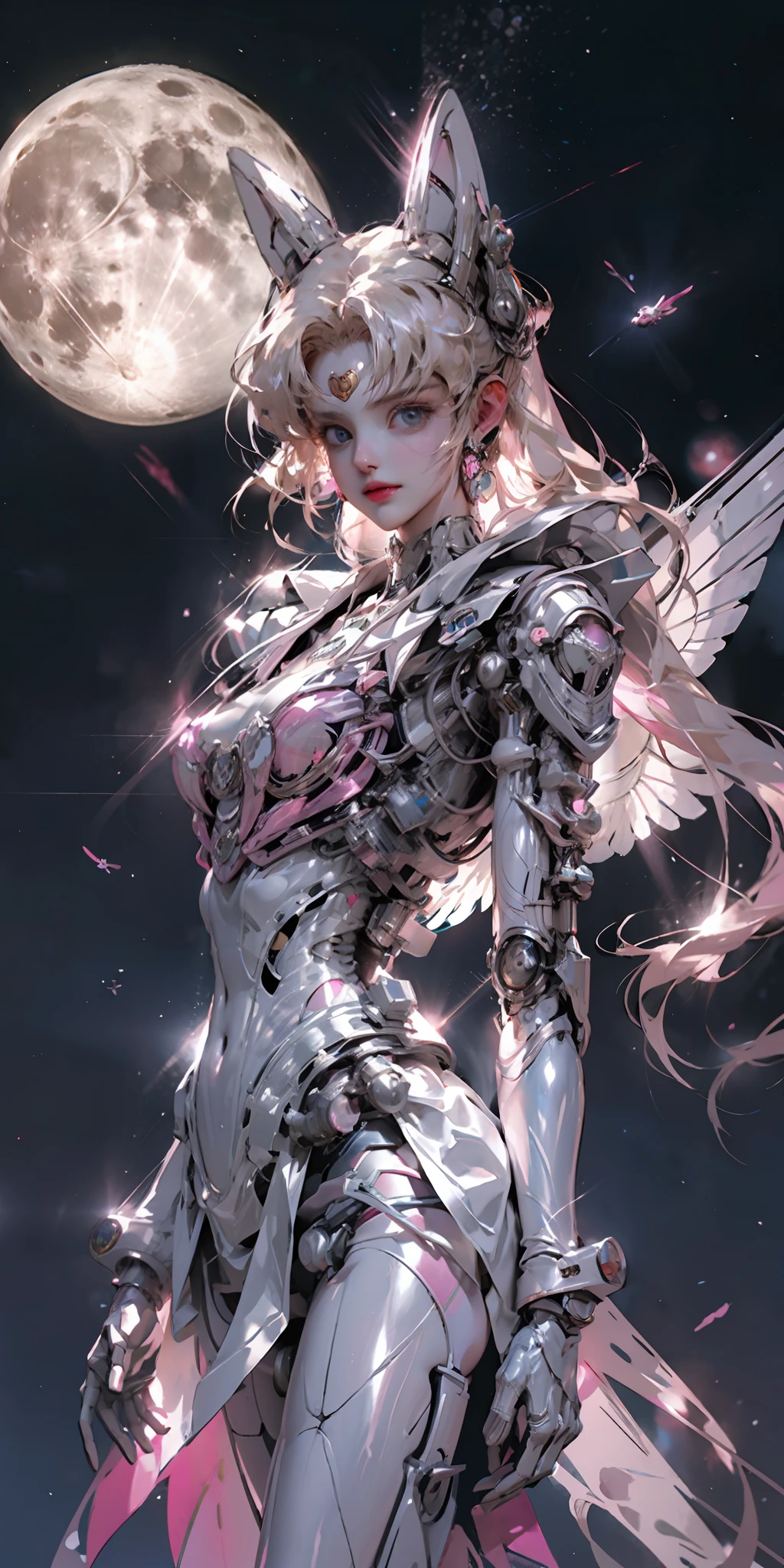 1 mechanical girl: 1.4, Sailor Moon, white mechanical arm, humanoid body, pink sailor suit, good-looking face, sailor Moon, moon hare, rabbit ears, mechanical ears, white blouse, blonde hair, mechanical arm, pink skirt, side, heart-shaped robot in the background, sci-fi background, complex background, hair glowing hair, forehead hair light, moon, panorama, mechanical wings, large wings in the background