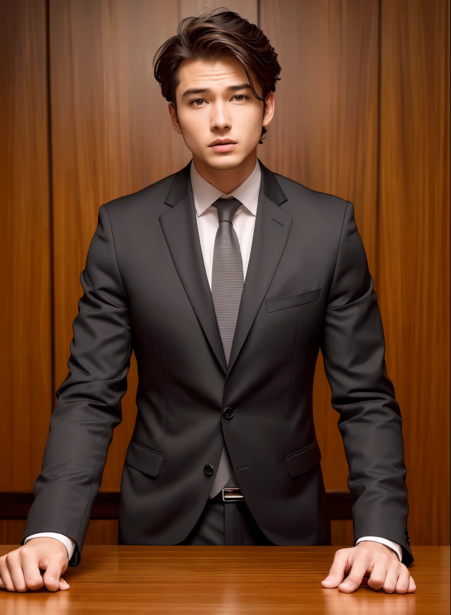 young lawyer, arguing in court, (8k, top quality, masterpiece: 1.2), (realistic, photorealistic: 1.37), ultra detailed, in black suit