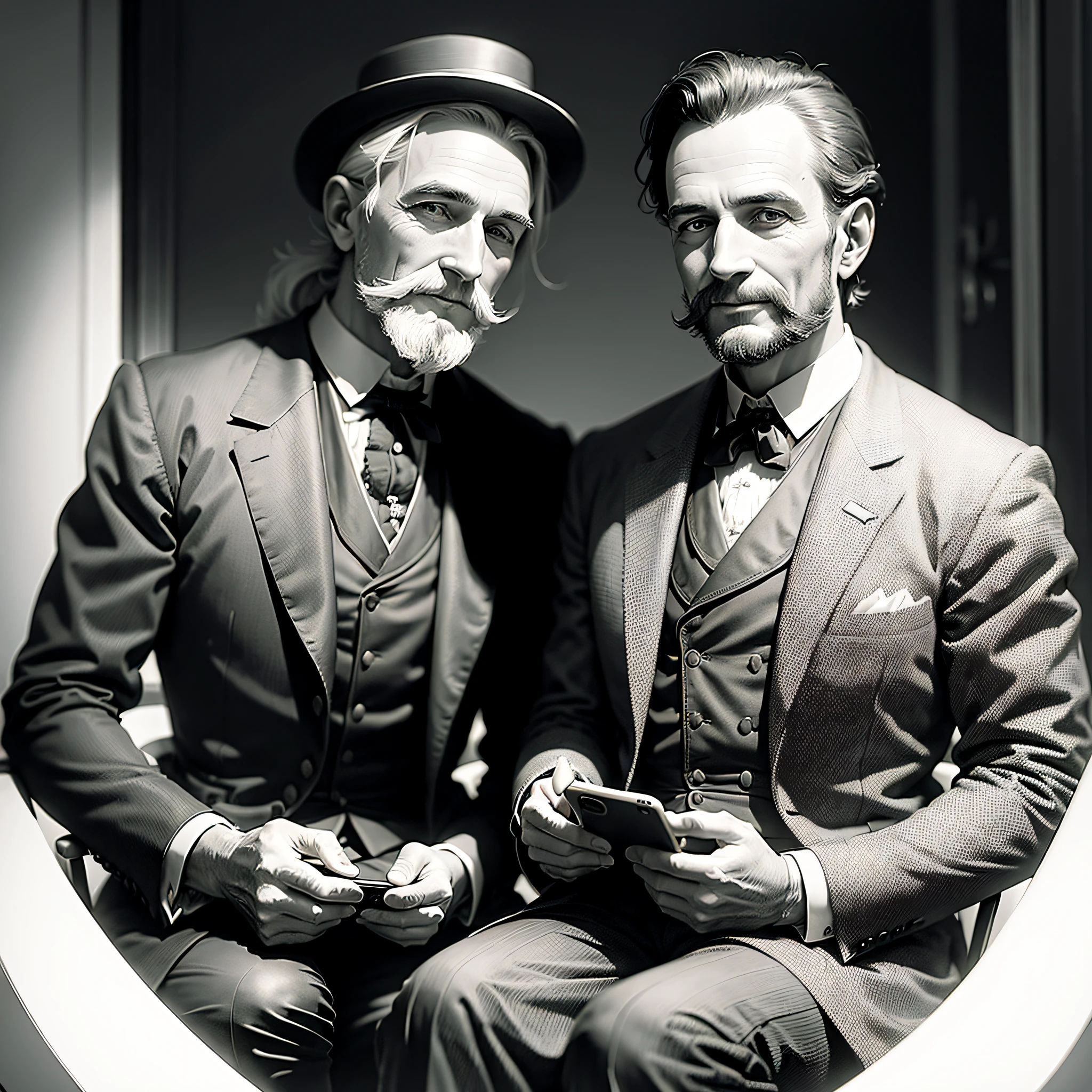 (Masterpiece), photorealistic, old photo, black and white, USA around 1900, two gentlemen in period clothes, (looking at a mobile phone), smile, saloon, lost photo,