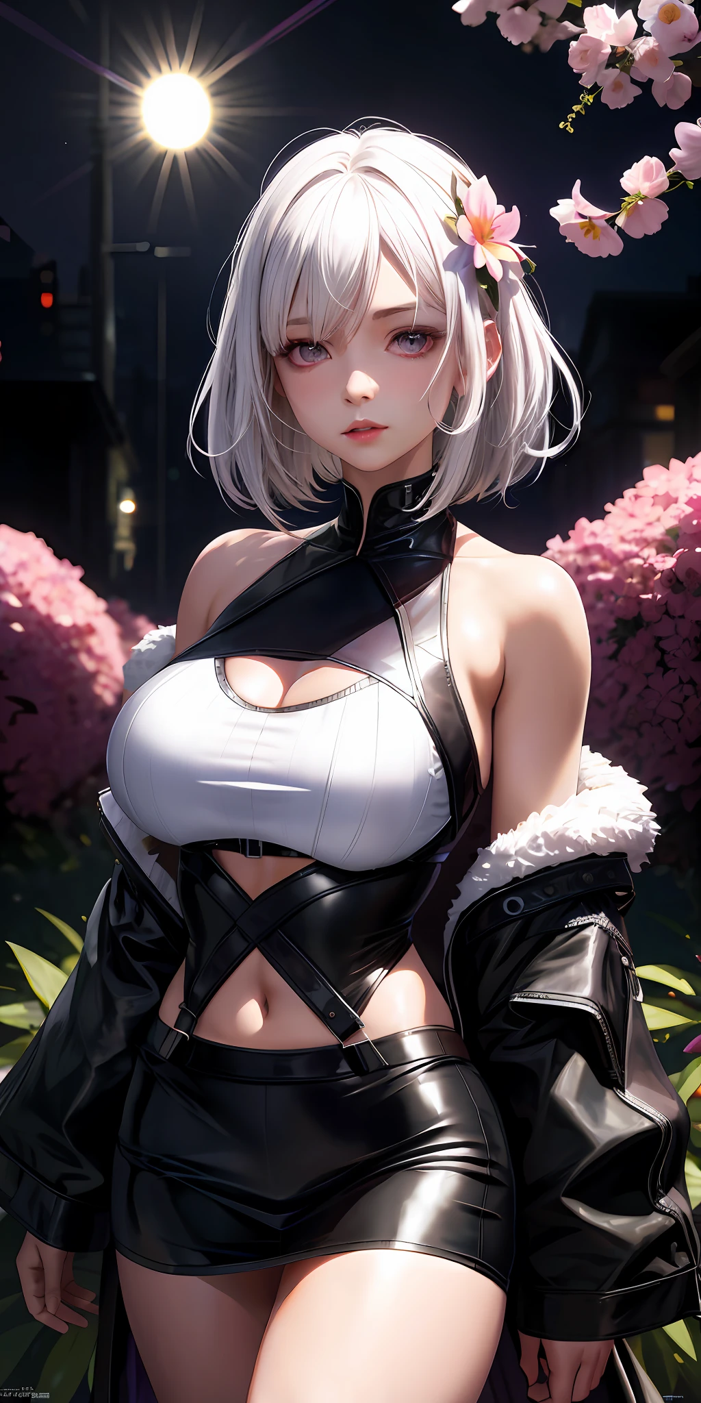 Anime - style image of a woman in a short skirt and a leather jacket, perfect white-haired girl, 2 b, 2b, realistic anime girl rendering, badass anime 8 K, Tifa Lockhart with white hair, 2b nier automata, nier 2 b, Guvez on art station Pixiv, white-haired girl, seductive anime girl with bare and bare legs