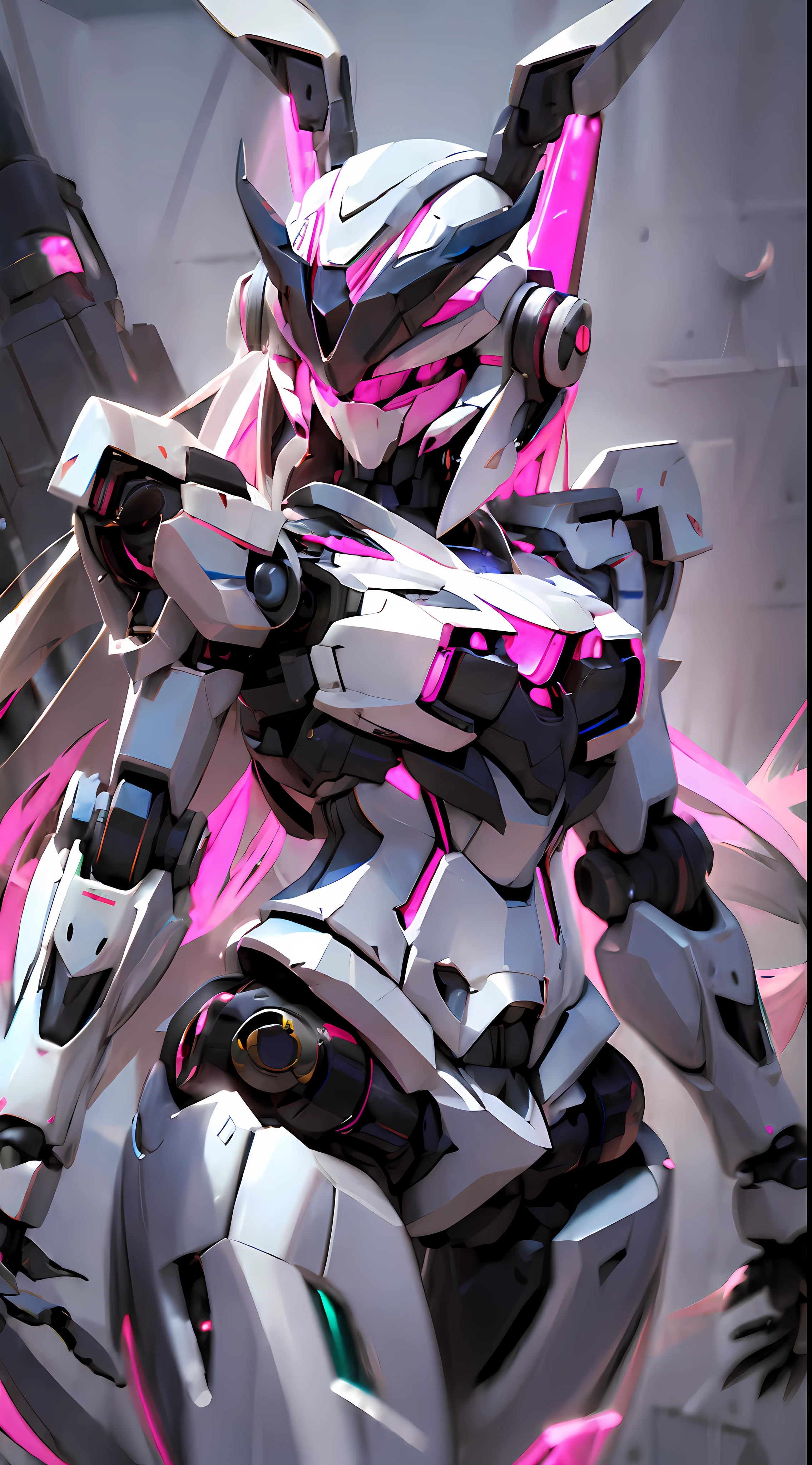 a (robot:1.6) with sleek and menacing design, glowing eyes, long hair, asymmetric body, highly detailed, 1girl, love, cute,rabbit ears,pink mecha