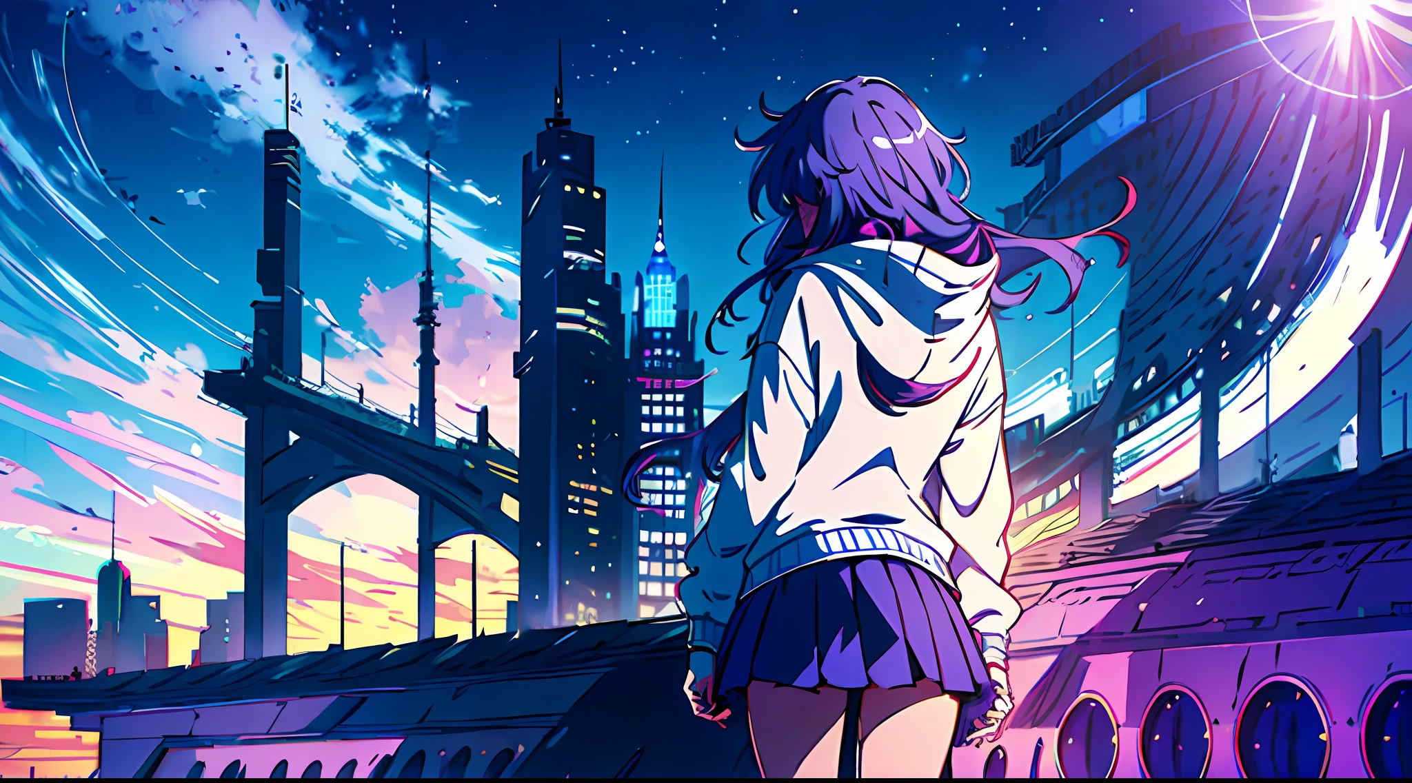 1girl, Long purple hair, Modern hoodie, Miniskirt, Converse shoes, Modern city, Skyscape roof edge, noon, sun, blue sky, clouds, (taken from behind)), low angle, volumetric lights, 8K, best quality, sharp, detail, moon and sun, crystal clear night sky