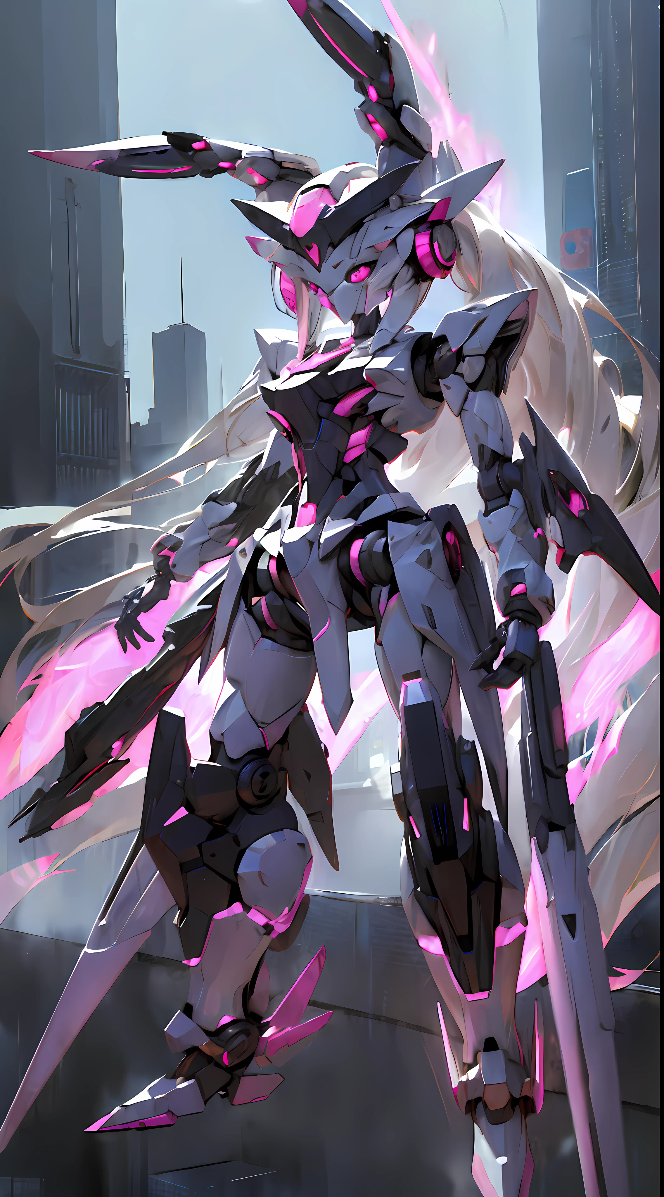 a (robot:1.6) with sleek and menacing design, glowing eyes, long hair, asymmetric body, highly detailed, 1girl, love, cute，rabbit ears，pink mecha