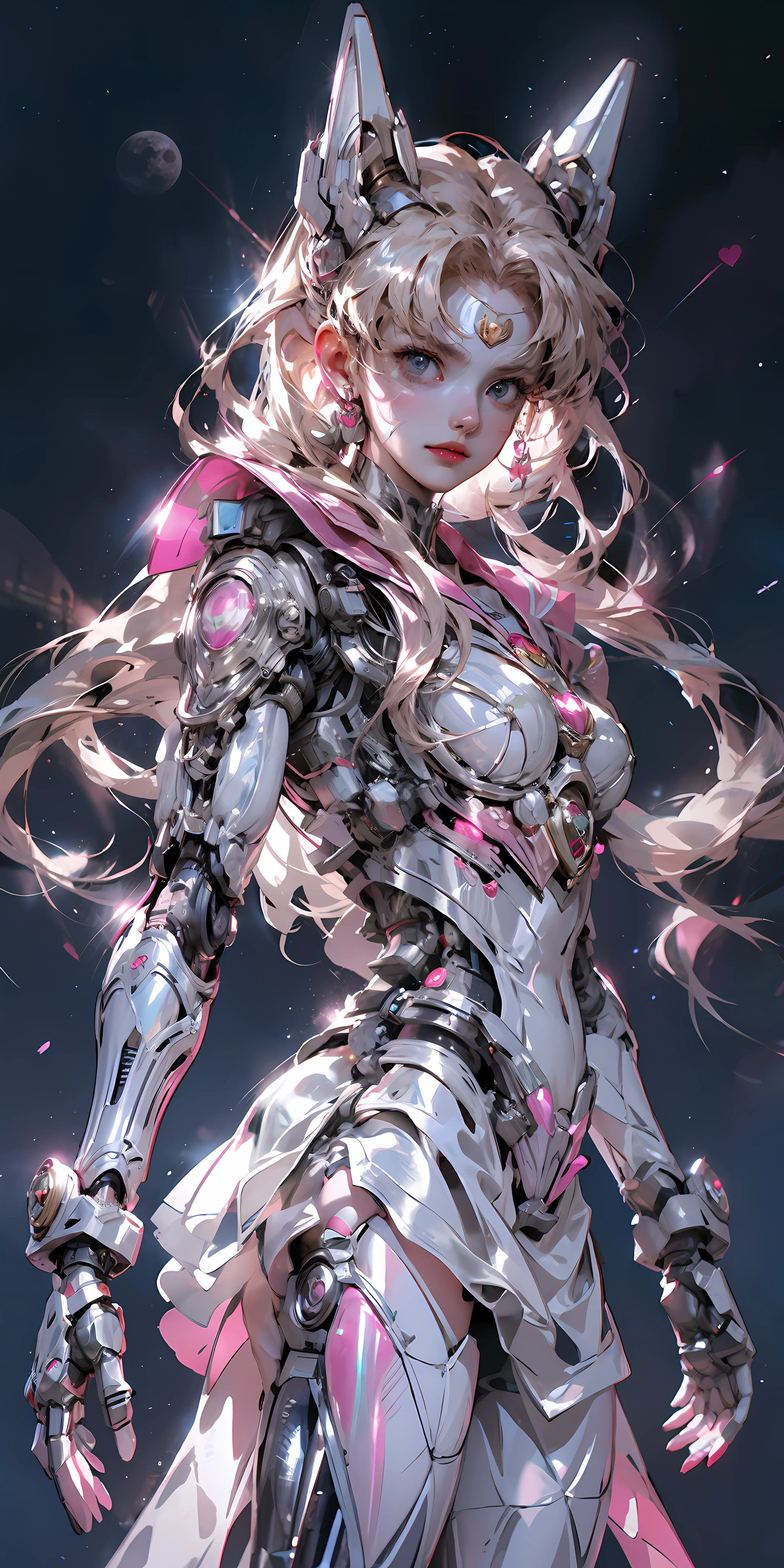 1 mechanical girl: 1.4, Sailor Moon, white mechanical arm, humanoid body, pink sailor suit, good-looking face, sailor Moon, moon hare, rabbit ears, mechanical ears, white blouse, blonde hair, mechanical arm, pink skirt, side, heart-shaped robot in the background, sci-fi background, complex background, hair glowing hair, forehead hair light, moon, panorama, mechanical wings, large wings in the background