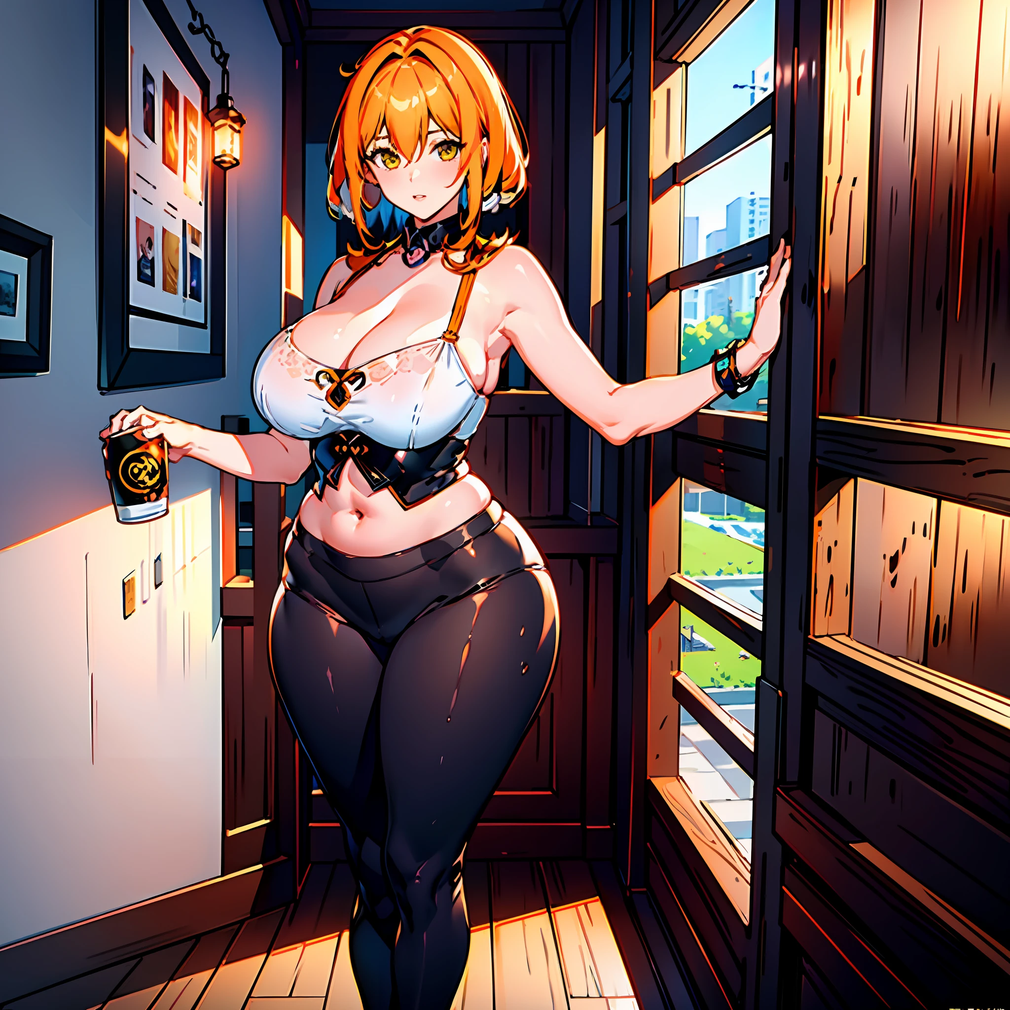 (masterpiece) best quality ultra-detailed CG NVIDIA RTX 3060 wallpaper, (1 girl) with beautiful features and a stunning orange and white hairstyle. Her thicc thighs and huge breasts peek out under her casual clothes as she enjoys coffee at the cafeteria.