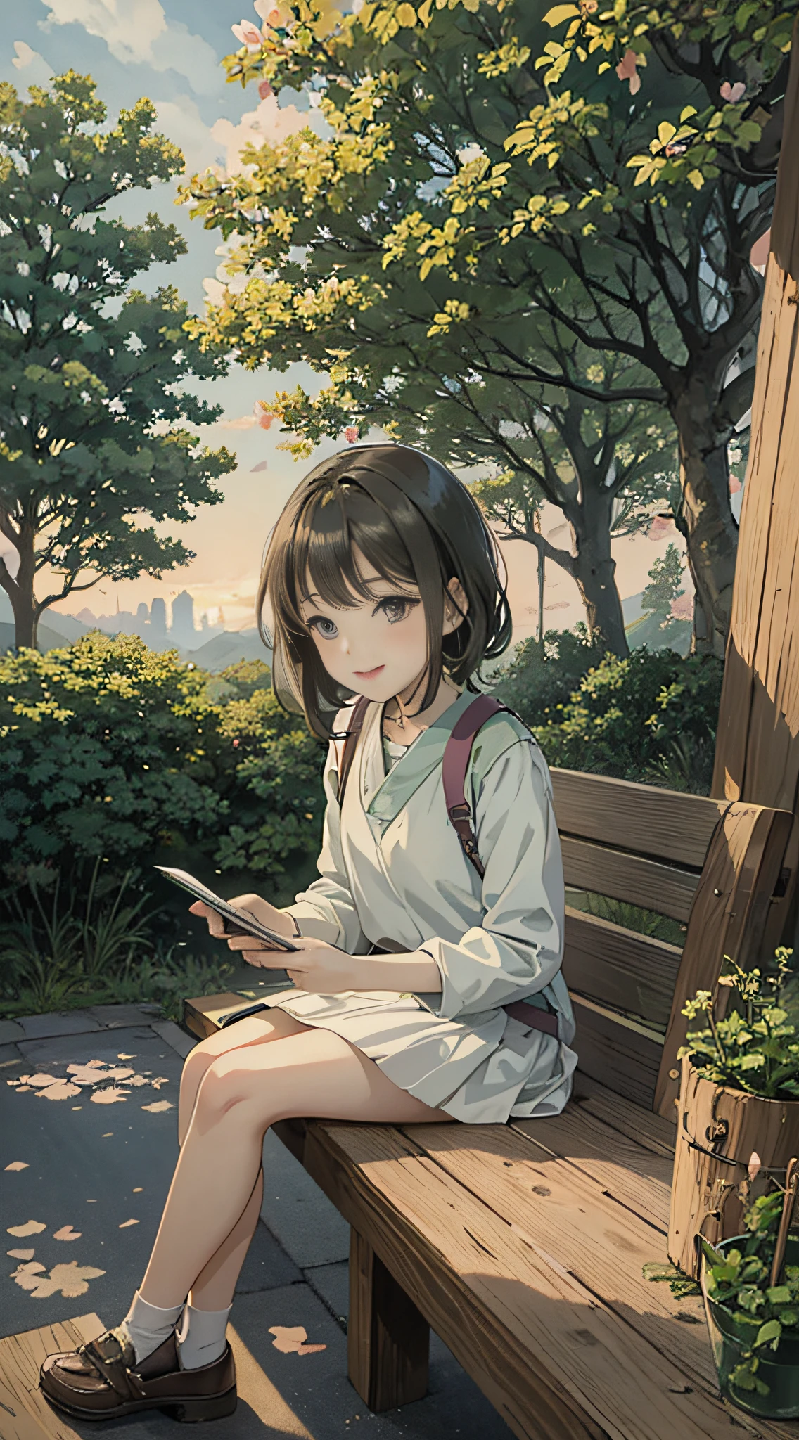 Anime girl writing book on wooden bench with a tree in background, anime visuals of cute girls, digital anime illustrations, beautiful anime art style, anime style illustrations, anime style. 8k, soft anime illustration, official art, anime illustration, art style in bovot, Ghibli anime style, anime art style, black hair, smile, Ghibli-like color, UHD