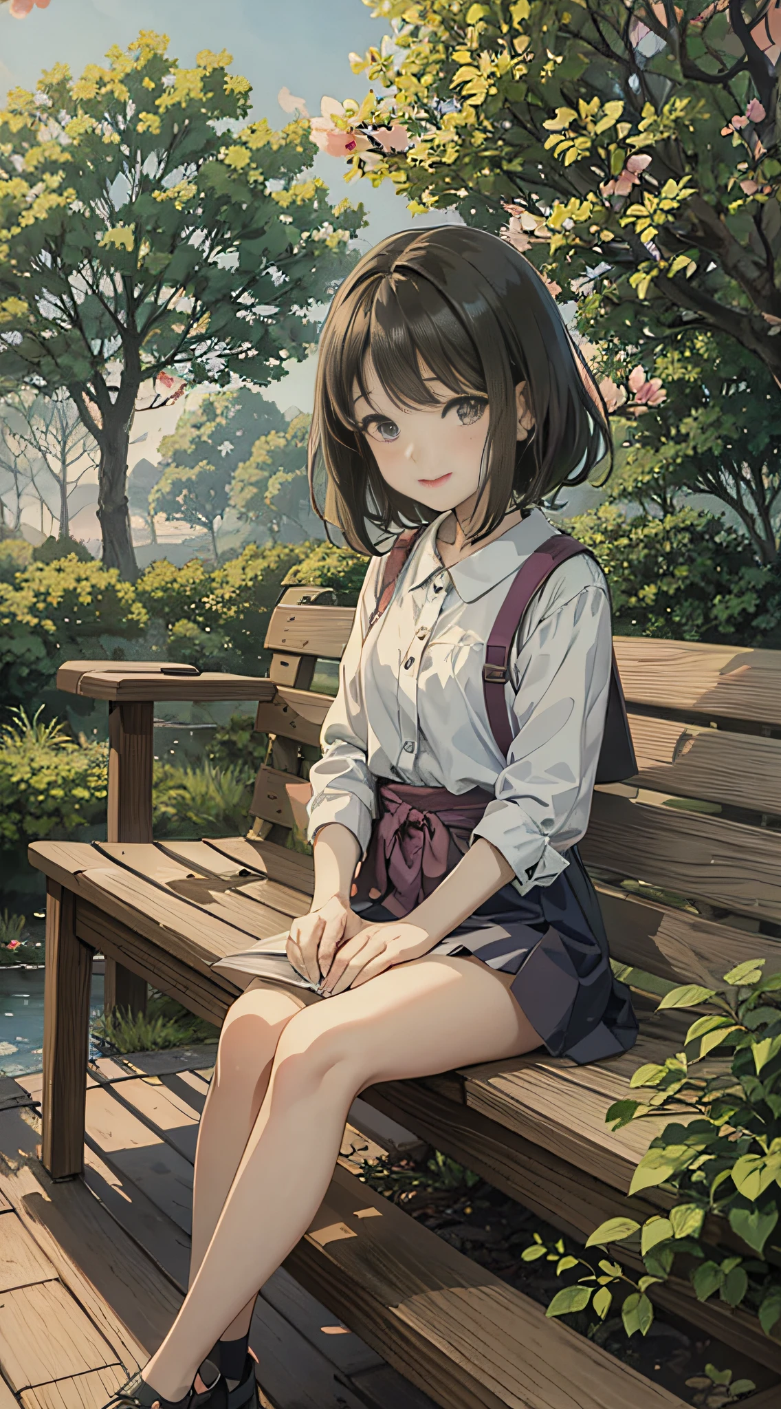 Anime girl writing book on wooden bench with a tree in background, anime visuals of cute girls, digital anime illustrations, beautiful anime art style, anime style illustrations, anime style. 8k, soft anime illustration, official art, anime illustration, art style in bovot, Ghibli anime style, anime art style, black hair, smile, Ghibli-like color, UHD