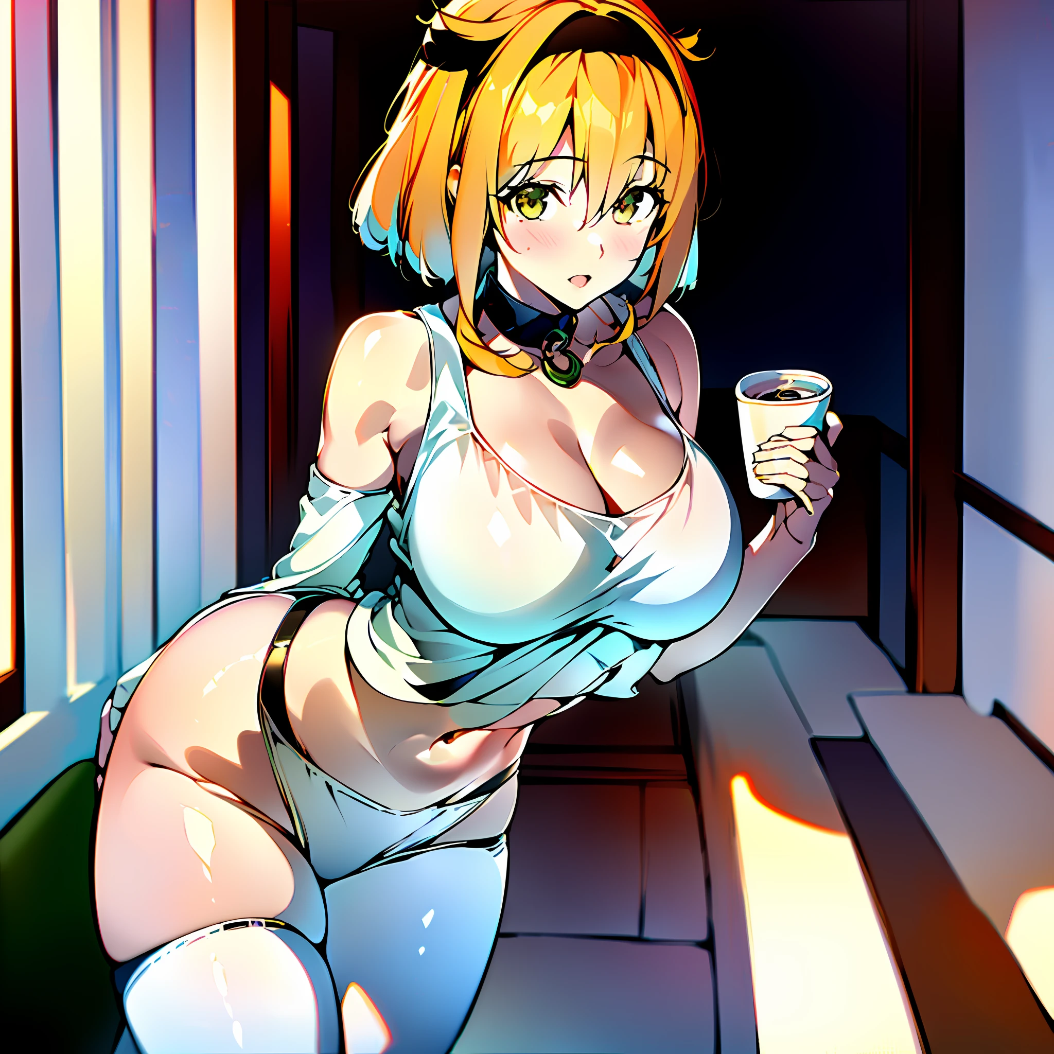 (masterpiece) best quality ultra-detailed CG NVIDIA RTX 3060 wallpaper, (((1 girl)))with beautiful features and a stunning orange and white hairstyle. Her thicc thighs and huge breasts peek out under her casual clothes as she enjoys coffee at the cafeteria.