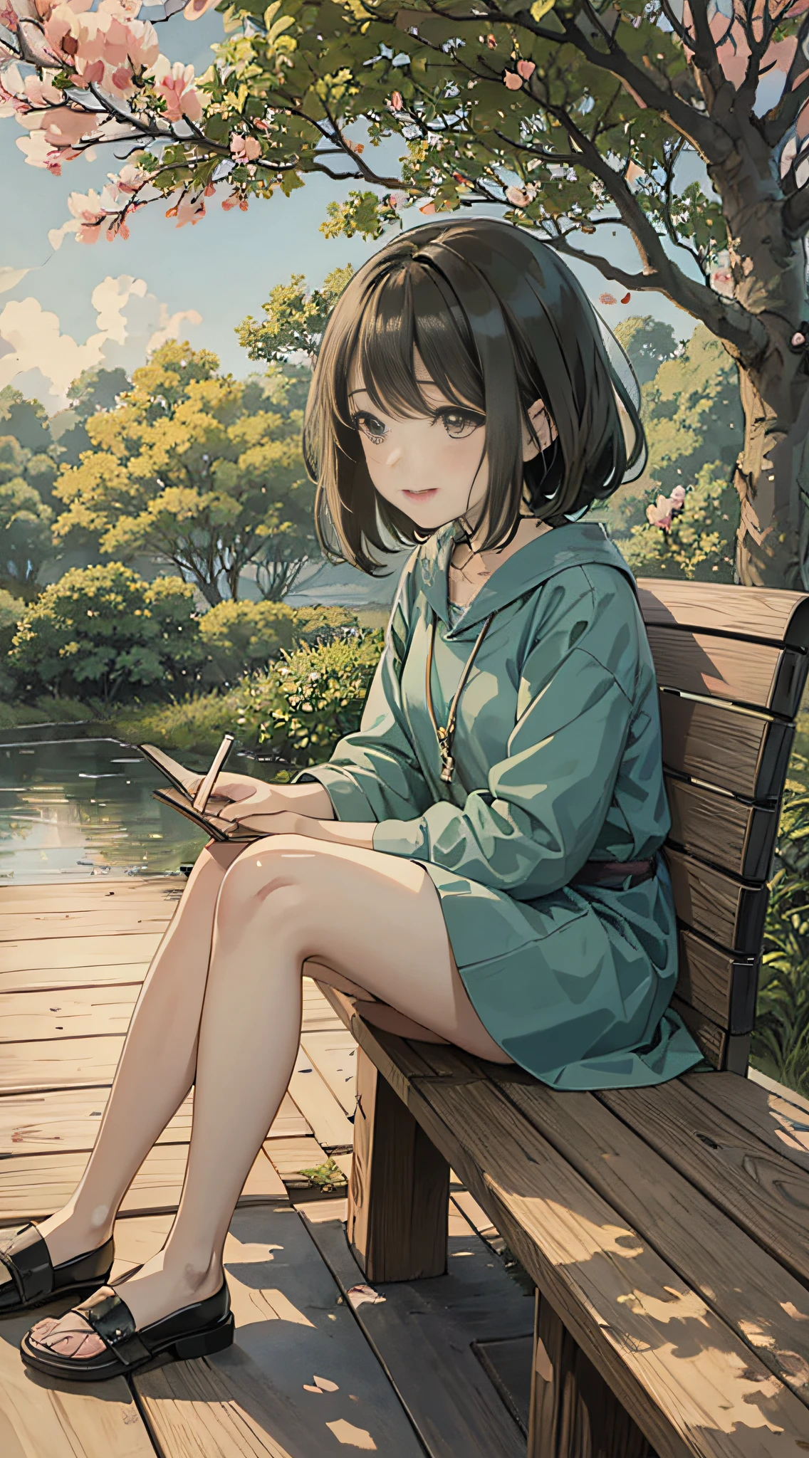 Anime girl writing book on wooden bench with a tree in background, anime visuals of cute girls, digital anime illustrations, beautiful anime art style, anime style illustrations, anime style. 8k, soft anime illustration, official art, anime illustration, art style in bovot, Ghibli anime style, anime art style, black hair, smile, Ghibli-like color, UHD