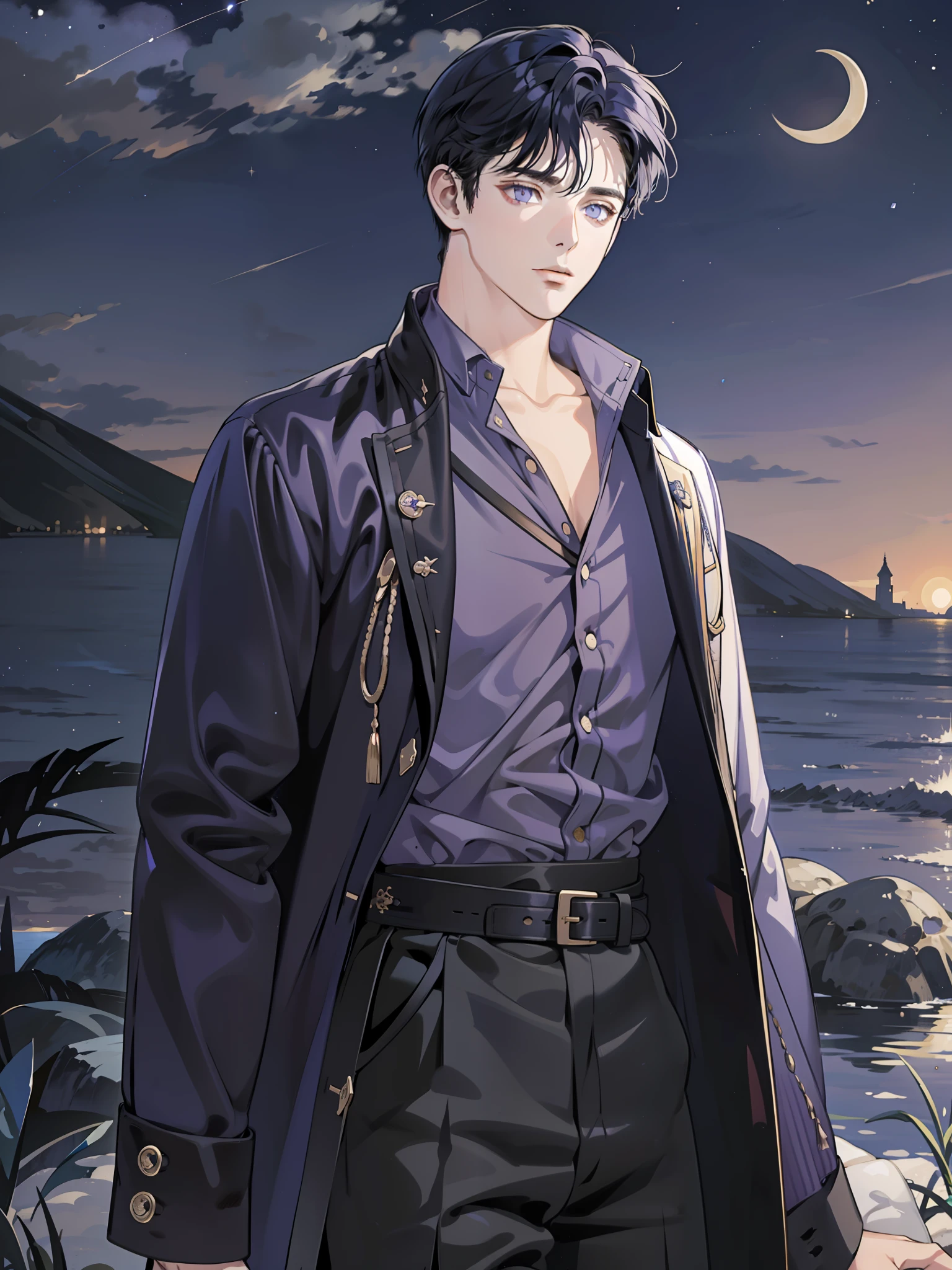 (masterpiece), (best quality), ultra high res, professional artwork, ultra detailed, intricate, detailed face, perfect lighting, 1 boy, dark blue hair, (purple eyes), casual clothes, high collar, jacket, collarbone, head, night, night sky, crescent moon, outdoors, (cowboy shot, far shot), curtain bangs, dark blue hair, short hair