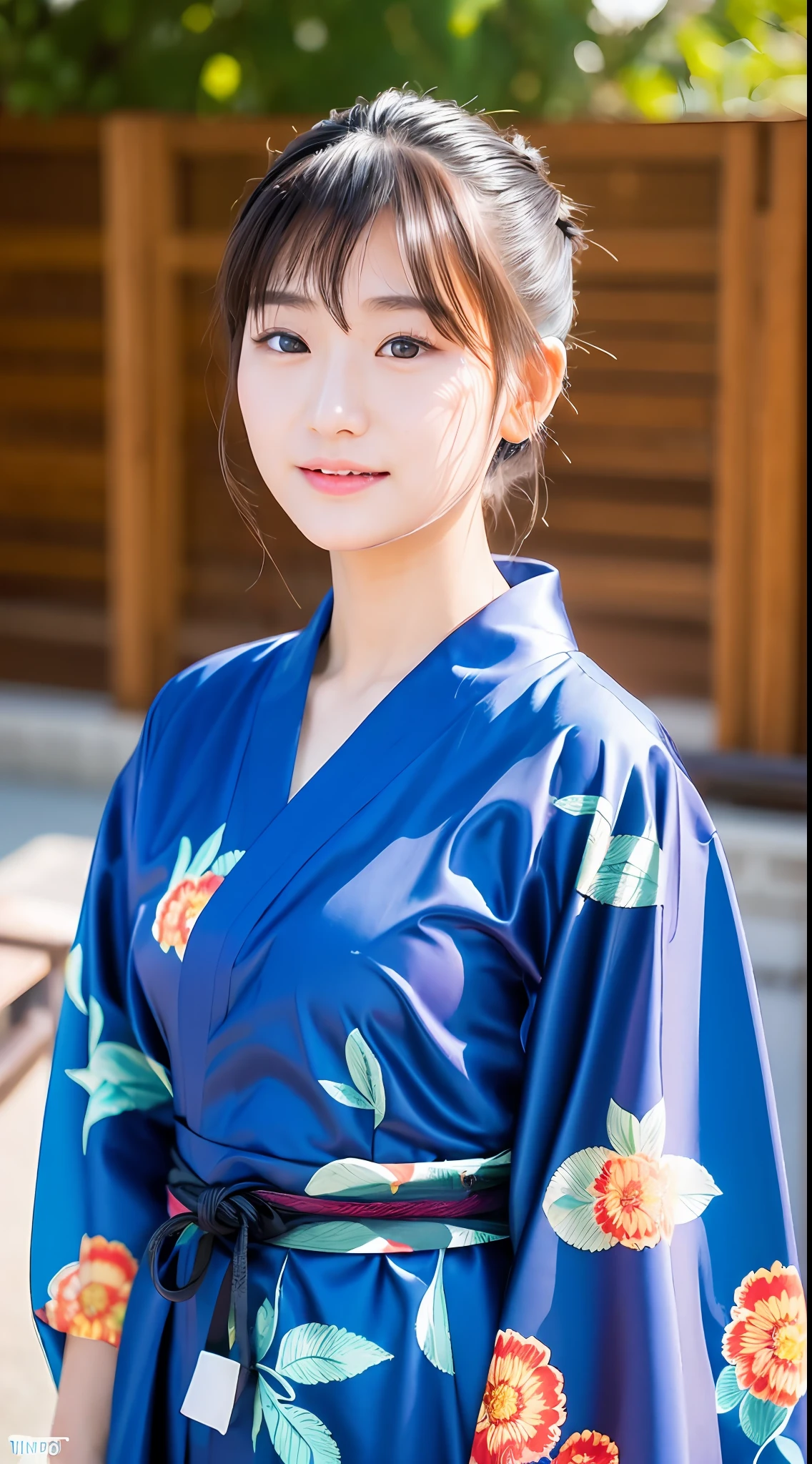 (yinchuan:1.5), close-up, masterpiece, best quality, raw photo, photorealistic, big breasts, beautiful face, soft smile, 20 year old girl, she is wearing a yukata, yukata to wear after bath, dusk, hair tied, depth of field, high resolution, ultra detail, fine detail, highly detailed, highly detailed eyes and face, sharp pupils, realistic pupils,