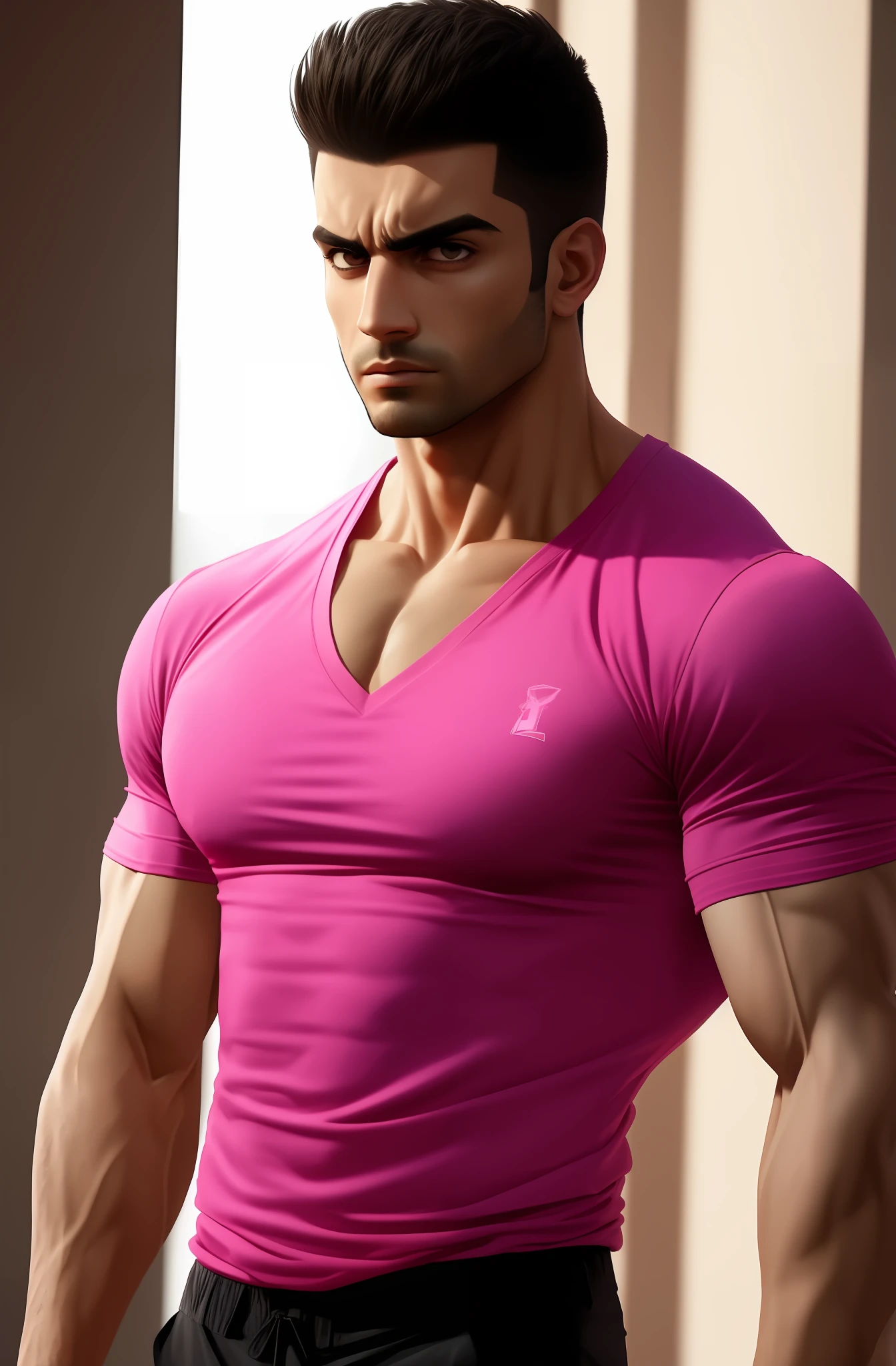muscular man, Arab ethnicity, pink v-neck shirt, intense gaze, indoors, moody dynamic lighting, masculine energy.