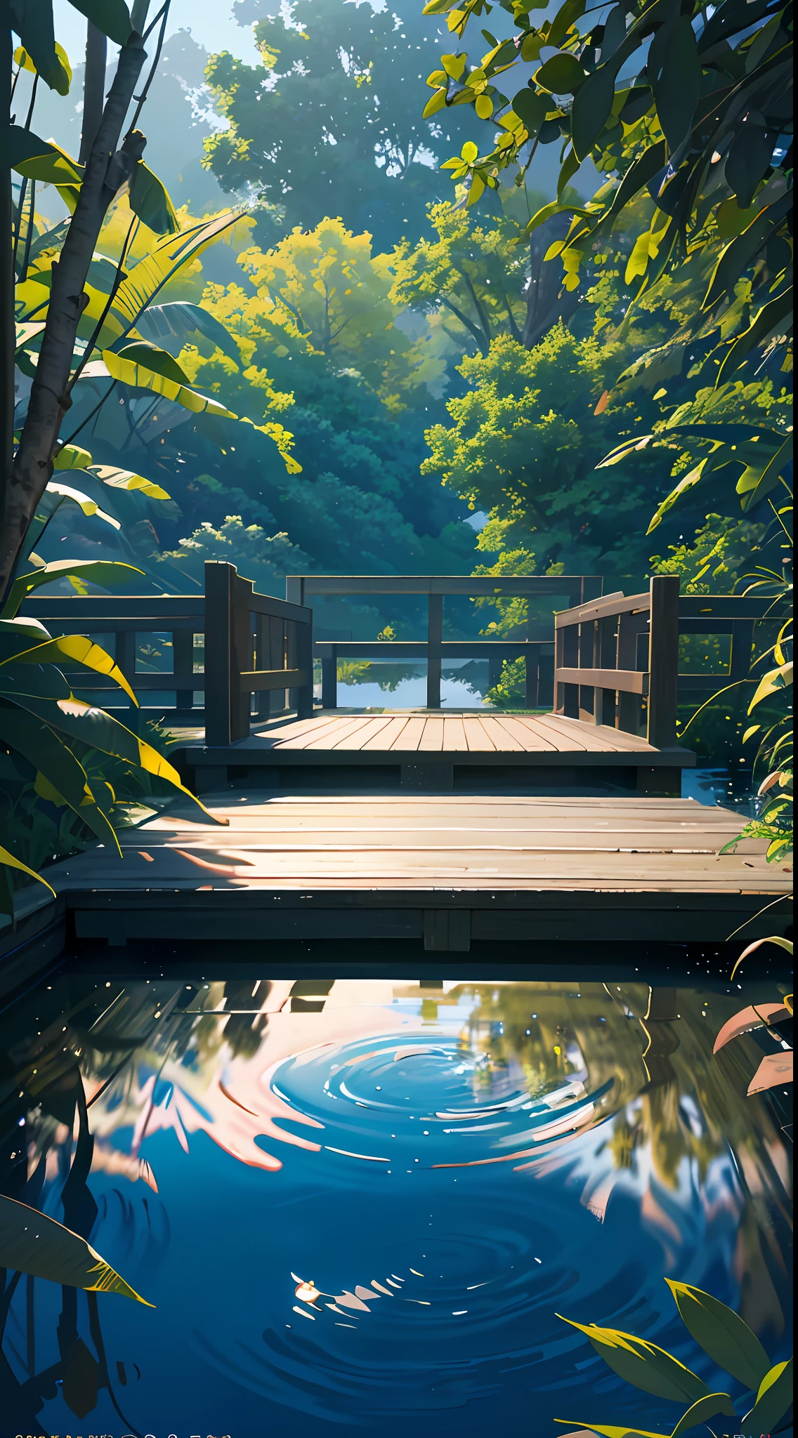 wallpaper, summer pond, pond, wooden bridge, afternoon sun, pond background, depth of field, hot weather, hd detail, wet watermark, hyperdetail, film, surrealism, soft light, deep field focus bokeh, ray tracing, diffuse (ultra-fine glass reflection) and surrealism. --v6