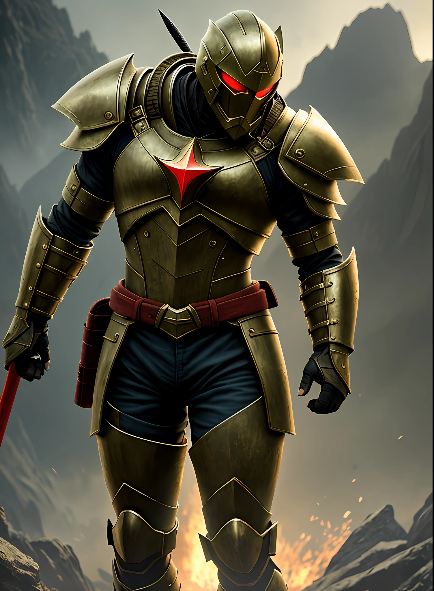 Medieval warrior in a battle arena, wearing a green-red fighting suit, dark golden armor, in a dark universe, a hellish environment of light burning, giving the scene a dark atmosphere but sculpting the shapes in sharp chiaroscuro), is night, (highly detailed skin), (fierce face highly detailed), detailed background, dark lighting, twilight lighting, volumetric lighting, intricate details, UHD, extremely detailed masterpiece, intricate details, (highest quality: 1.3), cinematic shot, ((masterpiece)), (sharp focus: 1.5), (realistic photo: 1.3), detailed background, depth of field, (dark lighting: 1.3), dramatic lighting, twilight lighting, volumetric shadows, highly detailed, intricate details, 8k, UHD, HDR, render in 8k, ultra-hd.