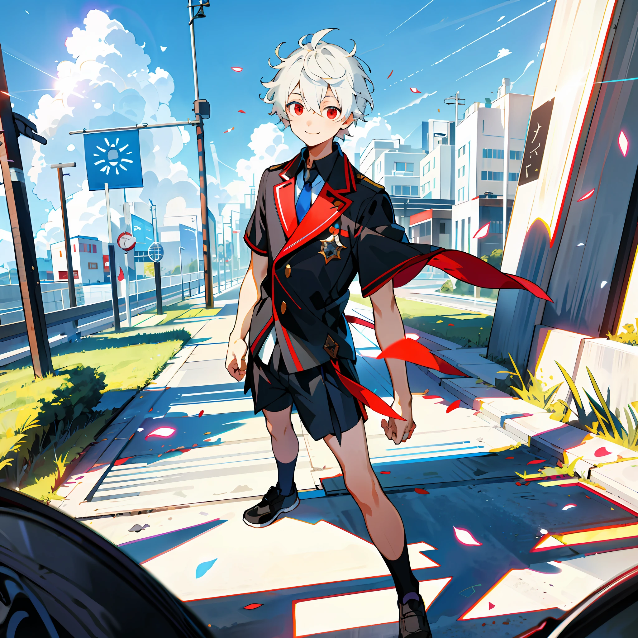 (high-quality, breathtaking),(expressive eyes, perfect face), short, young boy, short white hair, red eyes, smiling, black school uniform, wear shorts, urban setting, sunshine, blue sky, shine, glow.