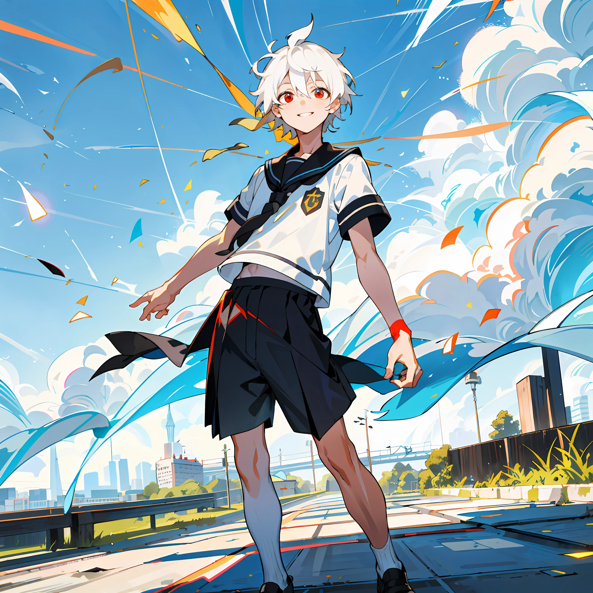 (high-quality, breathtaking),(expressive eyes, perfect face), short, young boy, short white hair, red eyes, smiling, black school uniform, wear shorts, urban setting, sunshine, blue sky, shine, glow.