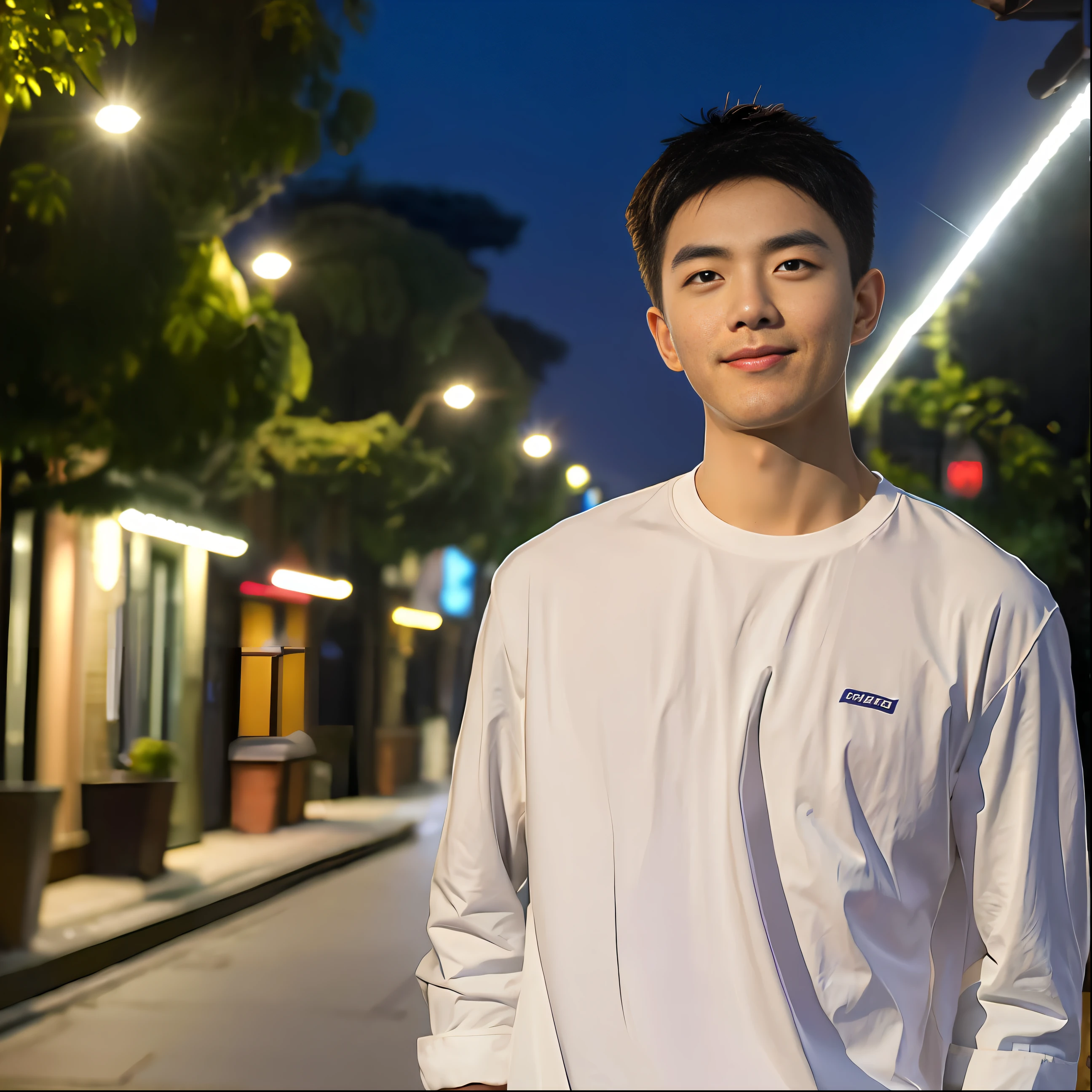 masterpiece, best quality, highres, ultra high res,real, photorealistic,Young man,Handsome face,evening,natural lighting,looking at viewer,outdoor,full body,smile,round face,short hair,details eyes,Shanghai city street,Nightscape
