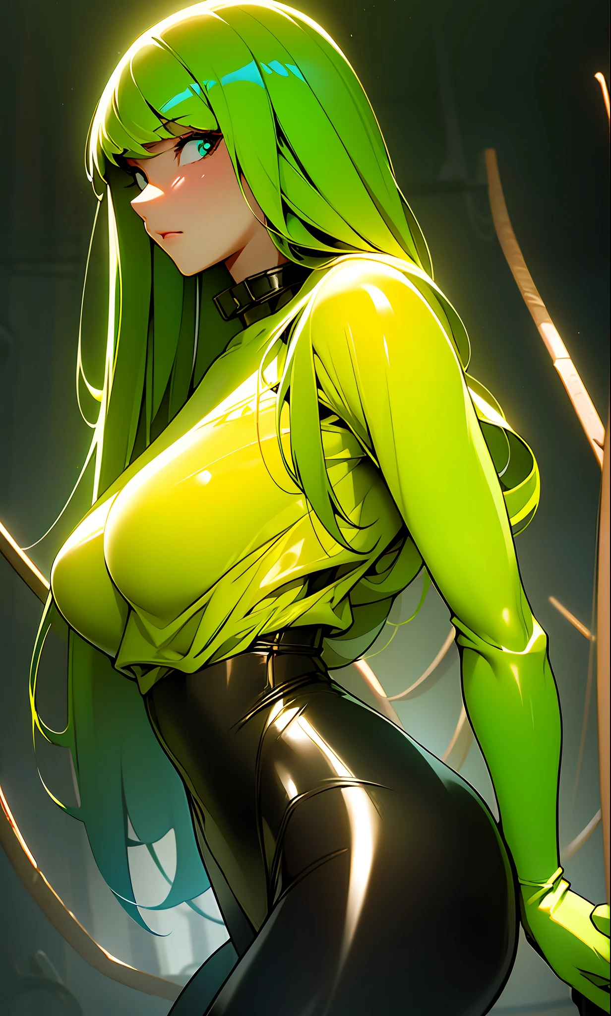 a girl with long hair, looking at camera, standing up in a lab environment, (skin-yellow:1) slime-girl-zombie, cinematic lighting, [[big tits]],, ((in a swamp ))