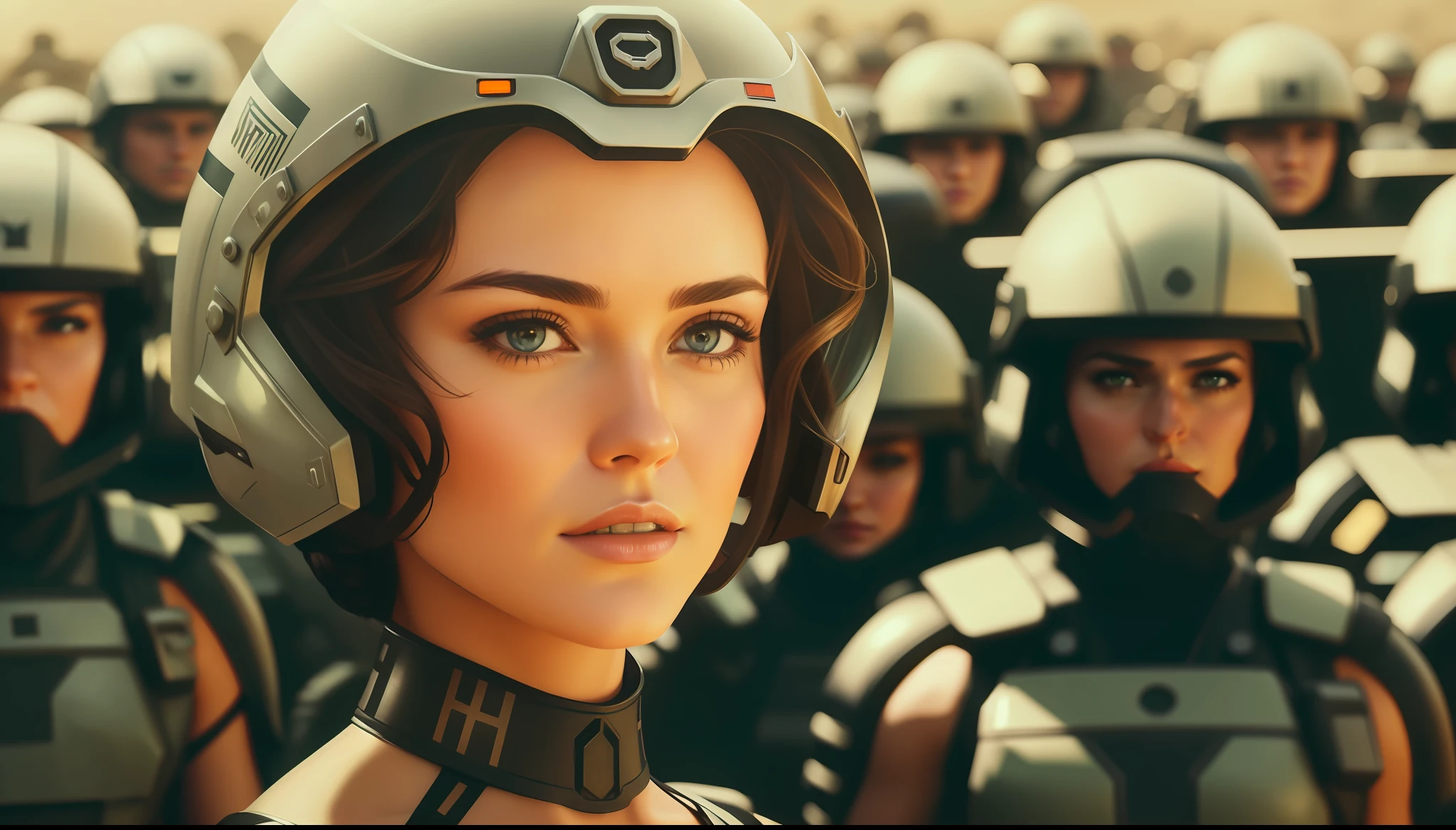 a painting of a woman (Hilary Salvatore) in a helmet surrounded by soldiers, a detailed matte painting by Magali Villeneuve, featured on cgsociety, retrofuturism, ilya kuvshinov, reimagined by industrial light and magic, dystopian art