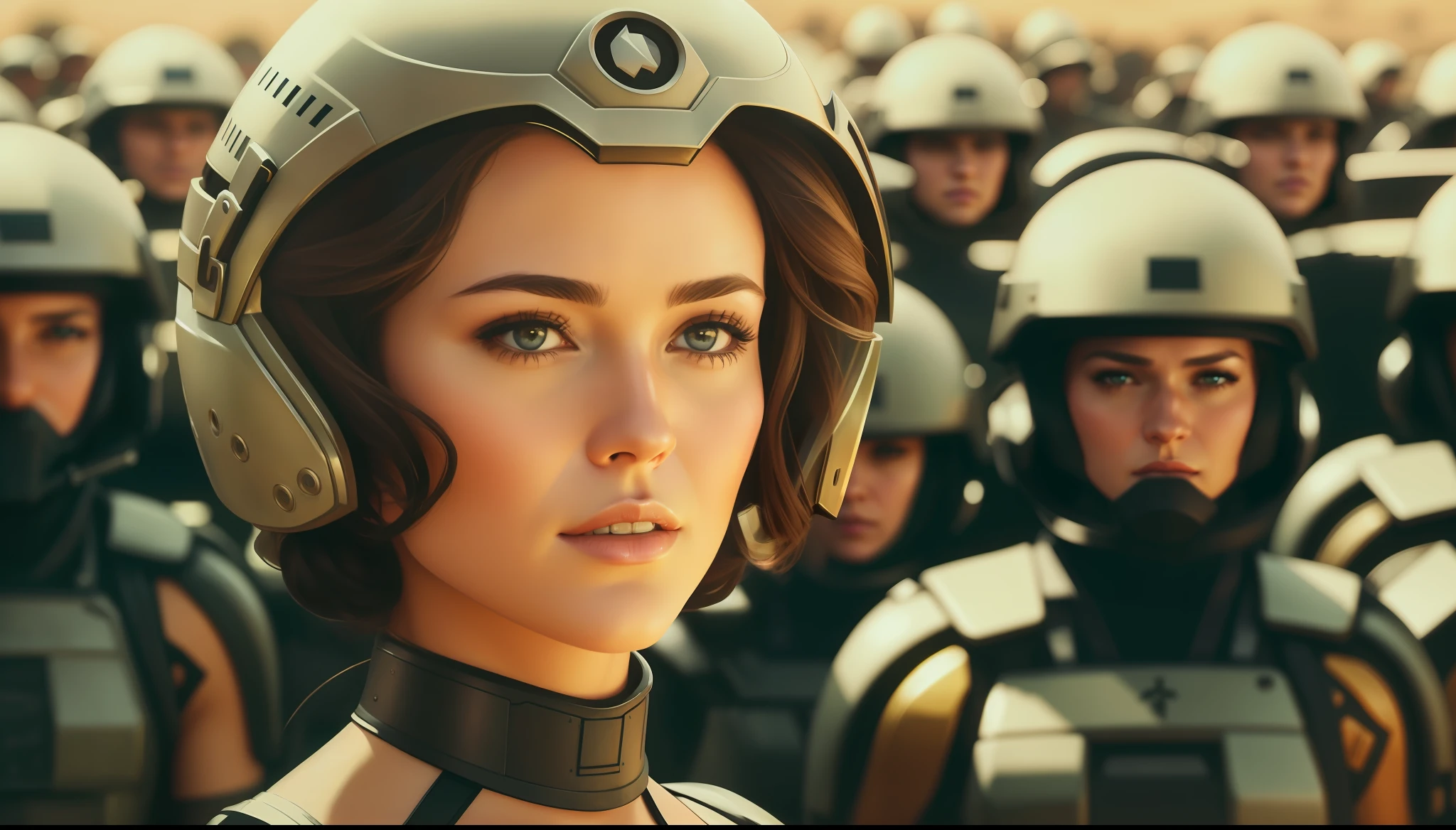 a painting of a woman (Hilary Salvatore) in a helmet surrounded by soldiers, a detailed matte painting by Magali Villeneuve, featured on cgsociety, retrofuturism, ilya kuvshinov, reimagined by industrial light and magic, dystopian art