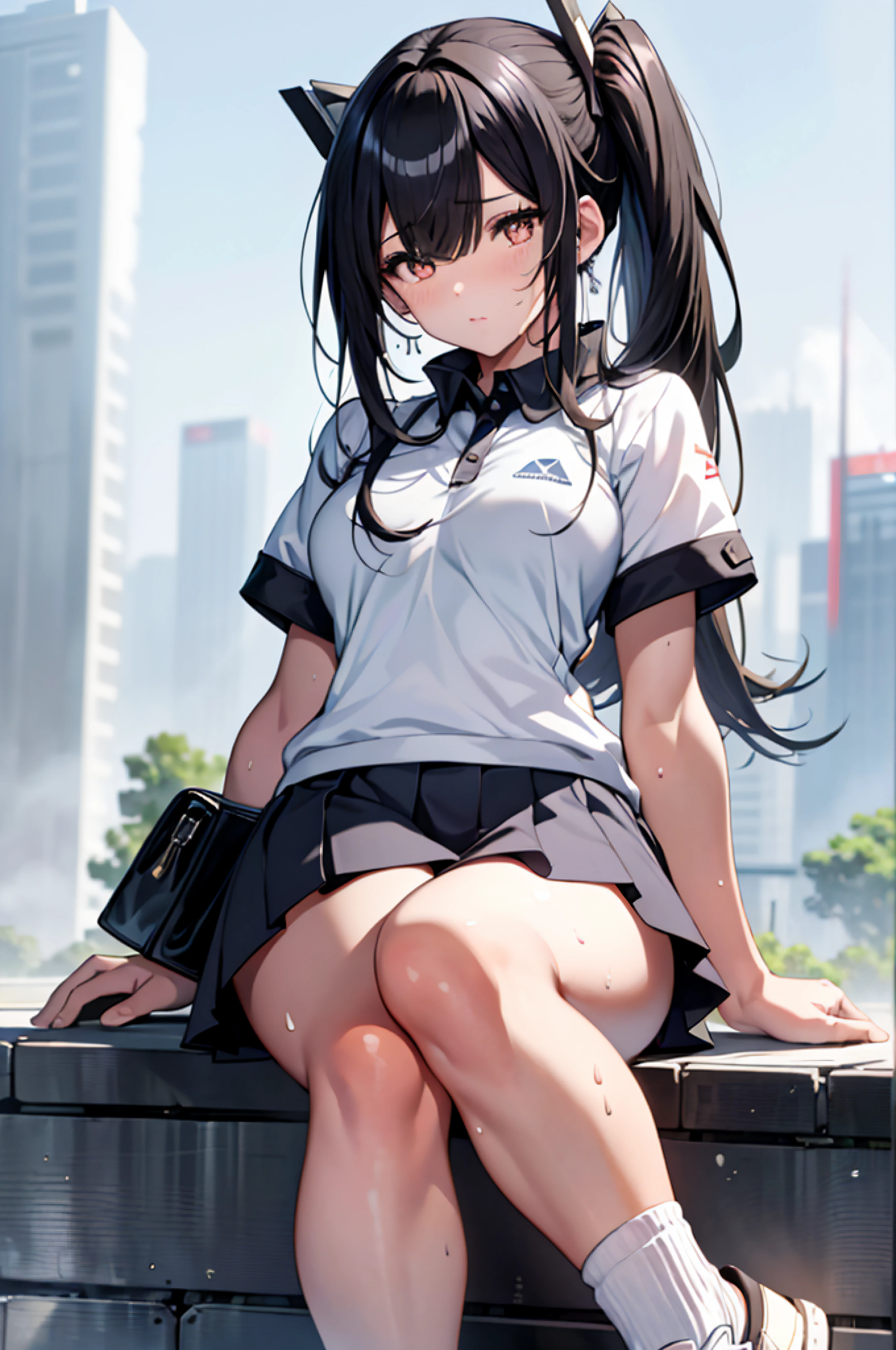 (Best Quality, High Resolution, Masterpiece: 1.3), 1girl, solo, tennis suit, white polo shirt, white sneakers, white mini skirt, masterpiece, best quality, realistic, ultra-detailed, slim, (shiny skin, sweating: 1.4), ridiculous, looking at the viewer, long double ponytail, black hair, brown eyes, dynamic light and shadow, high resolution, sharp focus, depth of field, detailed eyes, sharp pupils, realistic pupils, (small breasts: 1.3), (thick thighs: 1.1), outdoor, sky, white knee-length socks, white ribbon hair ornament