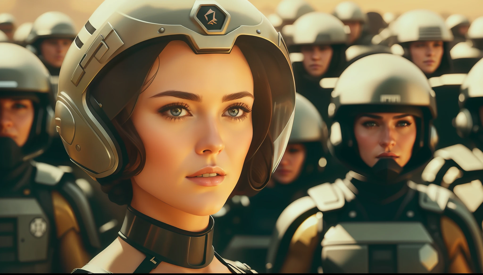 a painting of a woman (Hilary Salvatore) in a helmet surrounded by soldiers, a detailed matte painting by Magali Villeneuve, featured on cgsociety, retrofuturism, ilya kuvshinov, reimagined by industrial light and magic, dystopian art