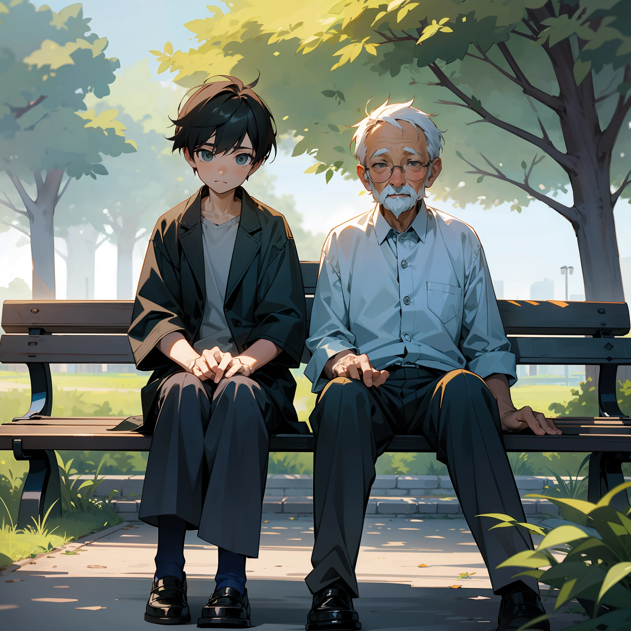 Old man and boy sitting in park, bench, bench, boy 