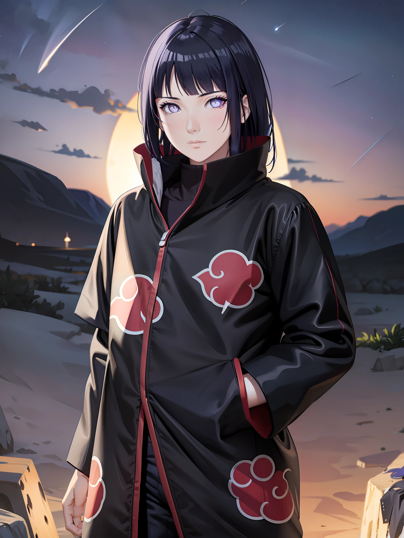 (masterpiece), (best quality), ultra high res, professional artwork, ultra detailed, intricate, detailed face, perfect lighting, 1girl, dark blue hair, (purple eyes), AKATSUKI OUTFIT, ninja, black cloak, black coat, high collar, collarbone, head, night, night sky, crescent moon, red moon, outdoors, (cowboy shot, far shot), blunt bangs, dark blue hair, long hair