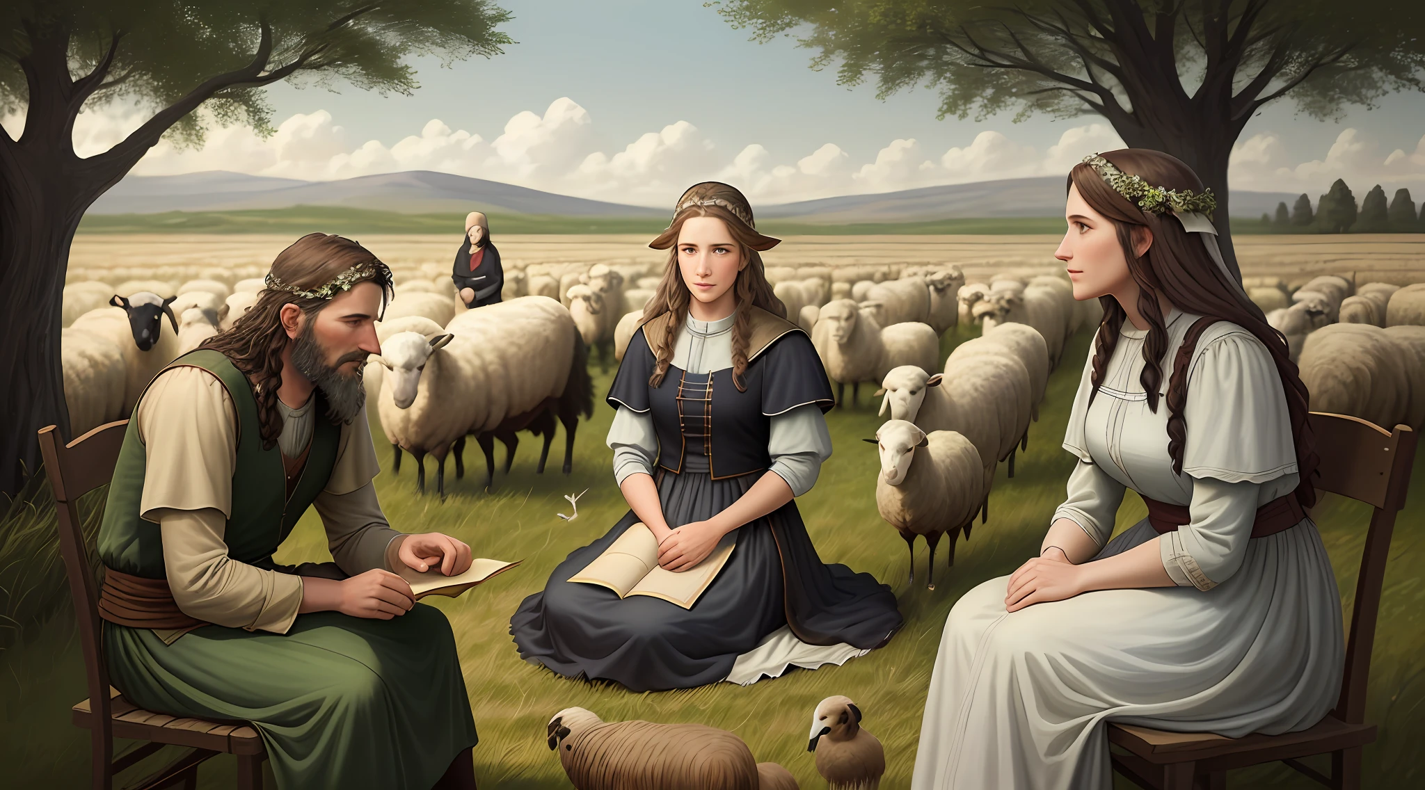 A colorful illustration of Jacob calling Rachel and Leah to join him in a flowery field, with the flocks grazing in the background, conveying the atmosphere of family and joint decision with clothes, features and scenes of the biblical era, with detailed face