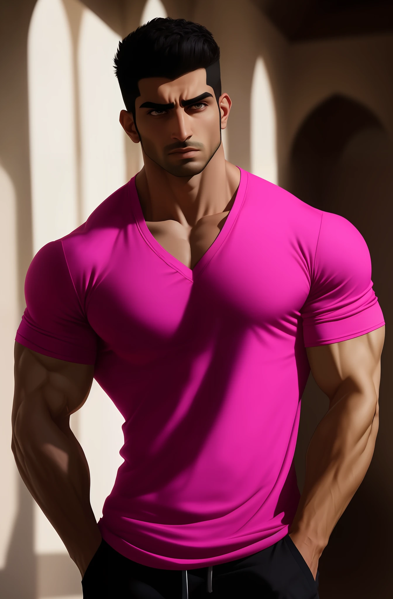 muscular man, Arab ethnicity, pink v-neck shirt, intense gaze, indoors, moody dynamic lighting, masculine energy.