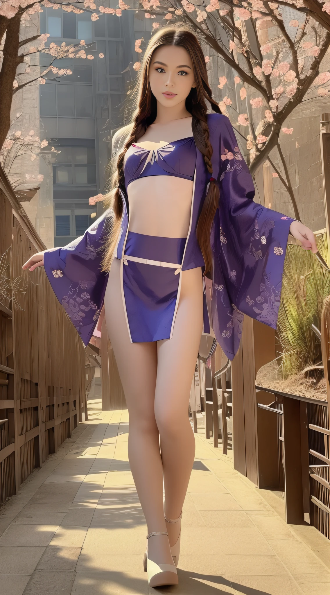 full shot, portrait of skswoman, a masterpiece of erotic art, 1 GIRL, detailed portrait of DASHA in a sapphire-colored kimono, patterns in the form of applications in the form of sakura inflorescences, walks towards the camera along a picturesque alley with blooming Japanese sakura along a path strewn with fallen pink sakura petals, small breasts in detail , in detail long chestnut hair long to the ground fluffy mop of hair, in detail bright brown eyes, in detail long fluffy eyelashes, in detail pink tender lips, in detail make-up with arrows with sapphire color, in detail Japanese gane shoes of sapphire color with braids on the lower leg, in detail, an ultra-short kimono with deep erotic cutouts exposes beautiful slender legs, a cutout on the chest exposes the décolleté area, the character is flirting on camera, backlight, bright sun rays, detailed beautiful backlight, soft frontal light, soft shadows on the face, beautiful chiaroscuro on the face and body, hyperrealism, hyperdetalization, high resolution, clear focus, uhd, 32k, site 500px, David Dubnitsky style, nude art style.