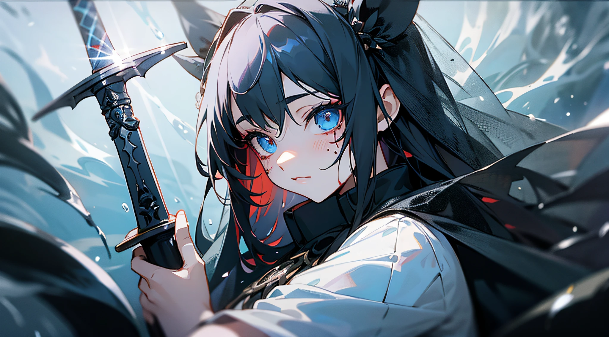 Anime girl with blood and veil on her face holding a sword, wearing a complex black uniform surrounded by water and fantasy creatures, dotted with light